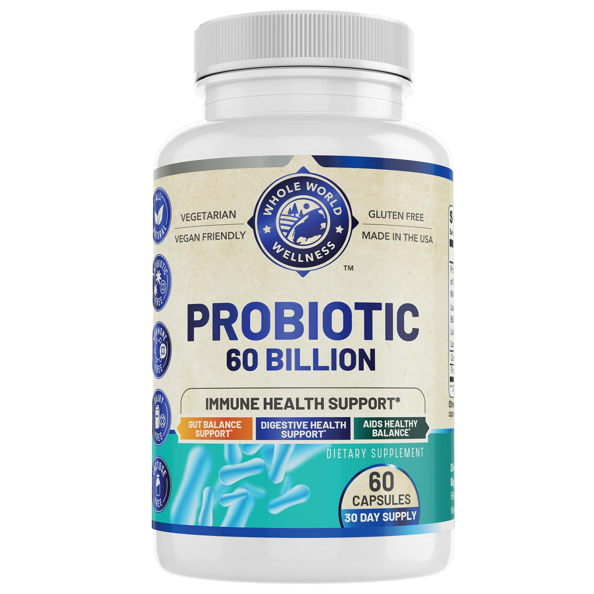 Probiotique Whole World Wellness en bouteille: soutien digestif et équilibre intestinal.