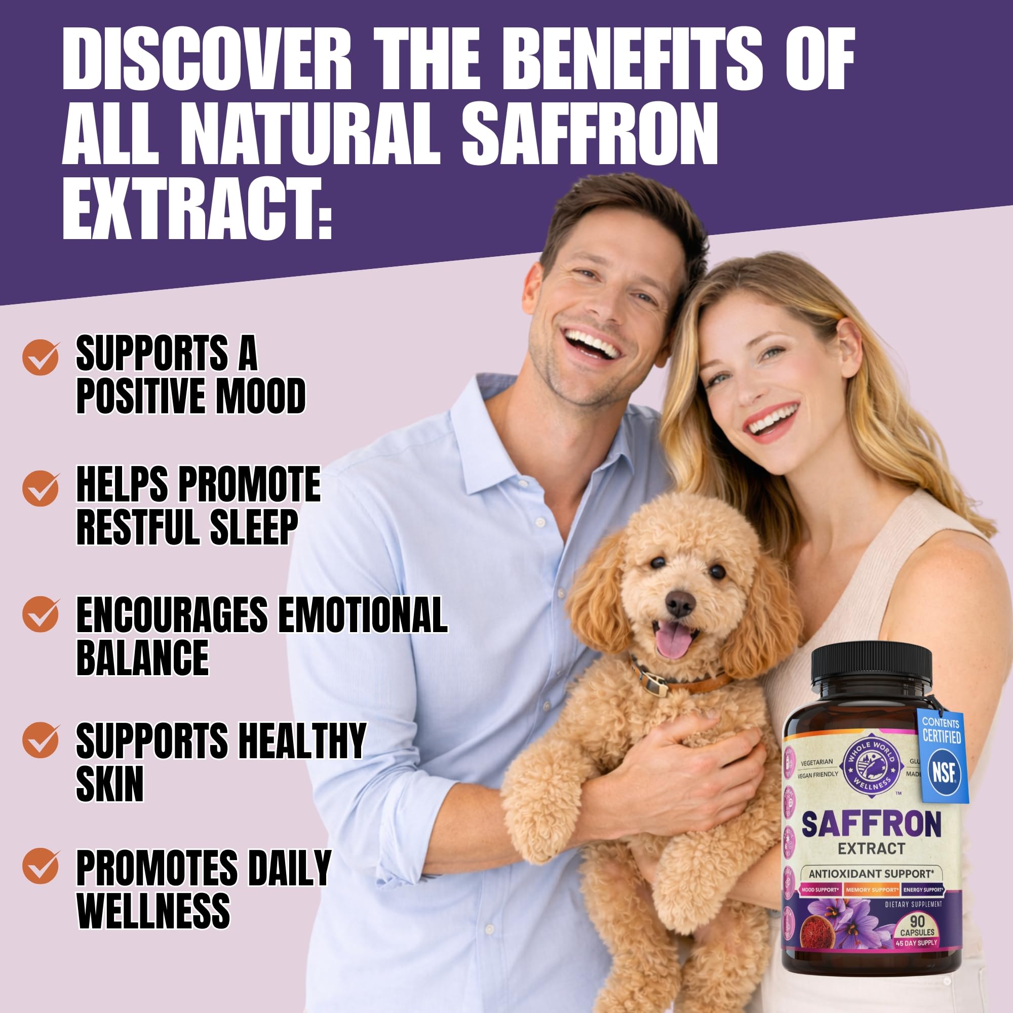 WHOLE WORLD WELLNESS safran extrait, étiquette lisible indiquant dosage et usages.