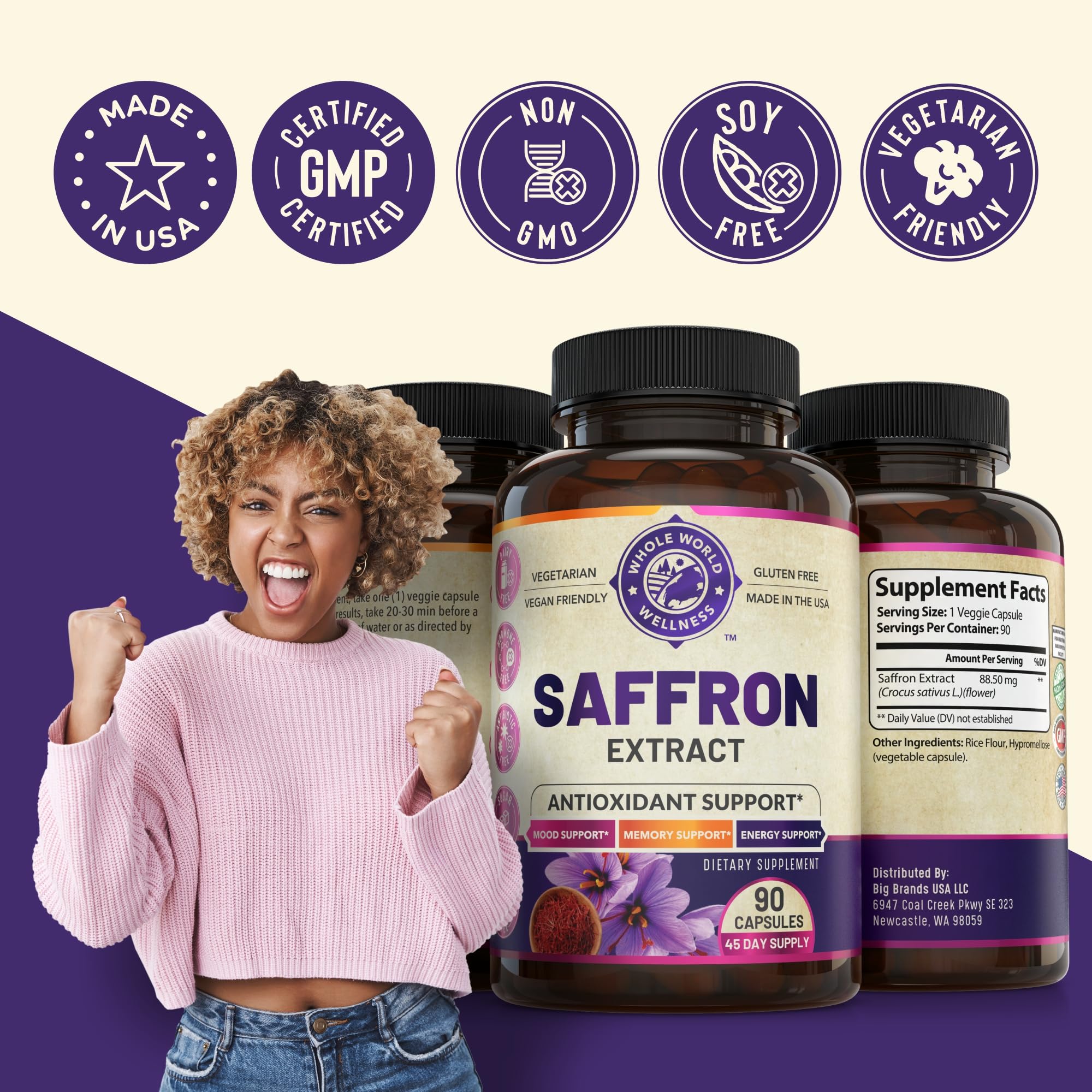 WHOLE WORLD WELLNESS safran extrait, logo distinctif inspirant confiance.