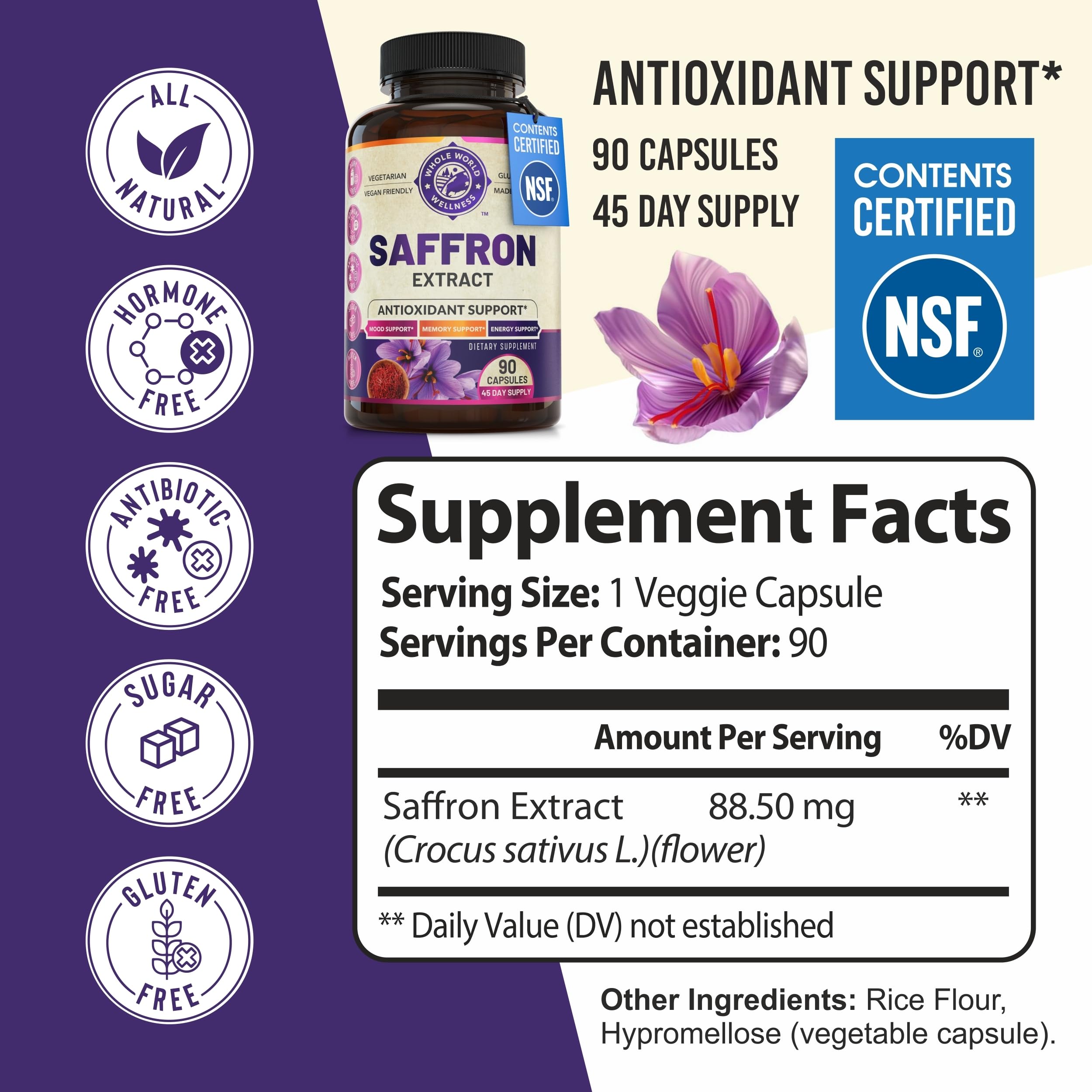 WHOLE WORLD WELLNESS safran extrait, production USA et contrôle qualité.