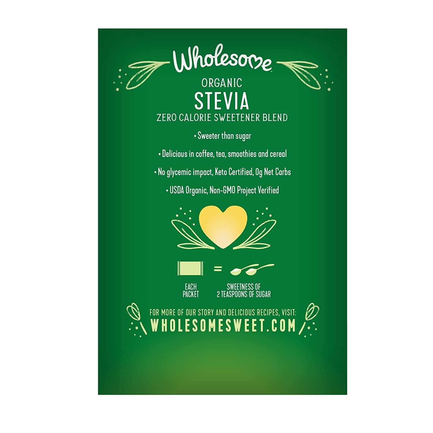 Wholesome Stevia Organique – sachets dosés, idéal pour boissons chaudes.