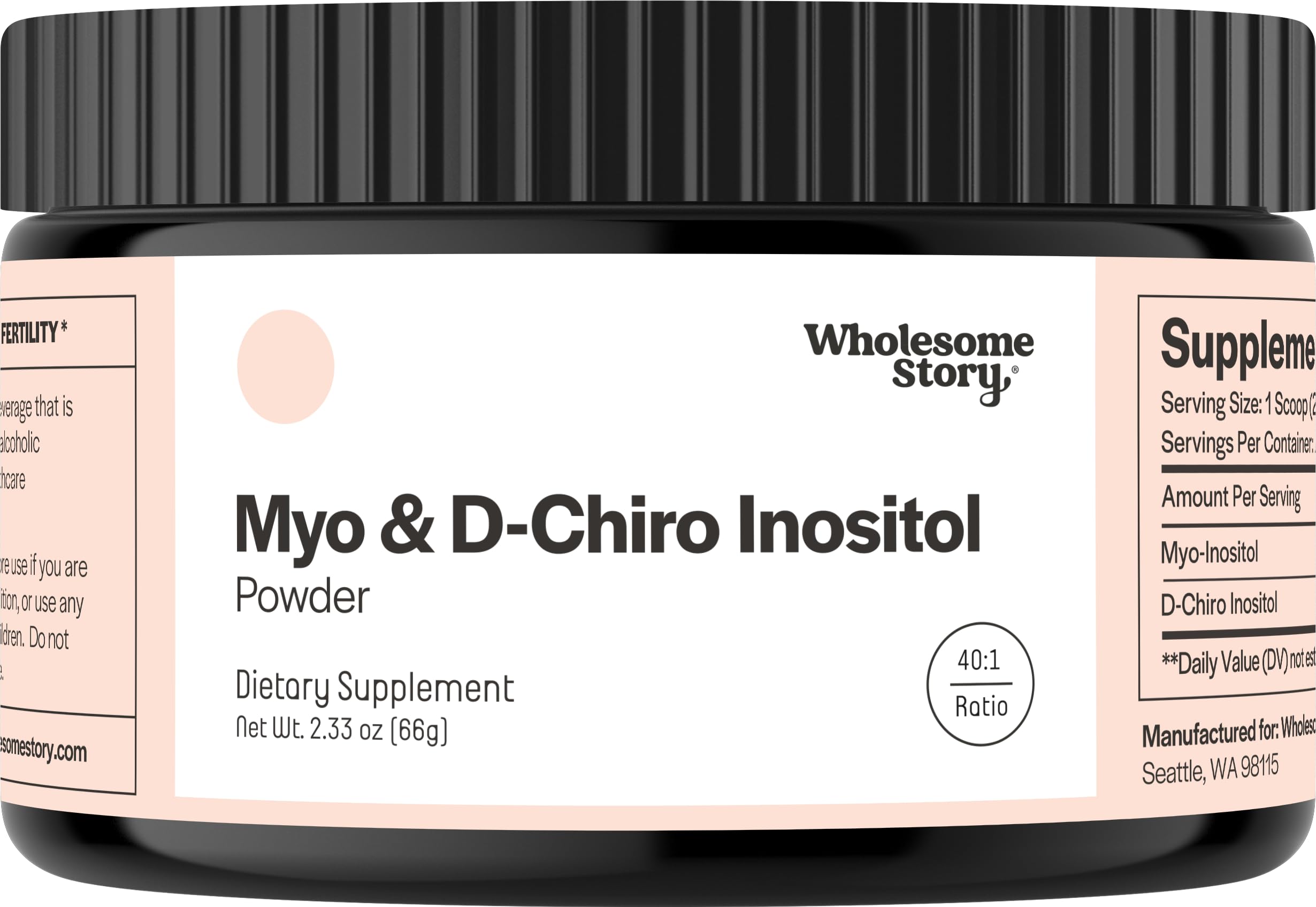 Wholesome Story Myo-Inositol et D-Chiro-Inositol en poudre prête à être mélangée dans un smoothie.