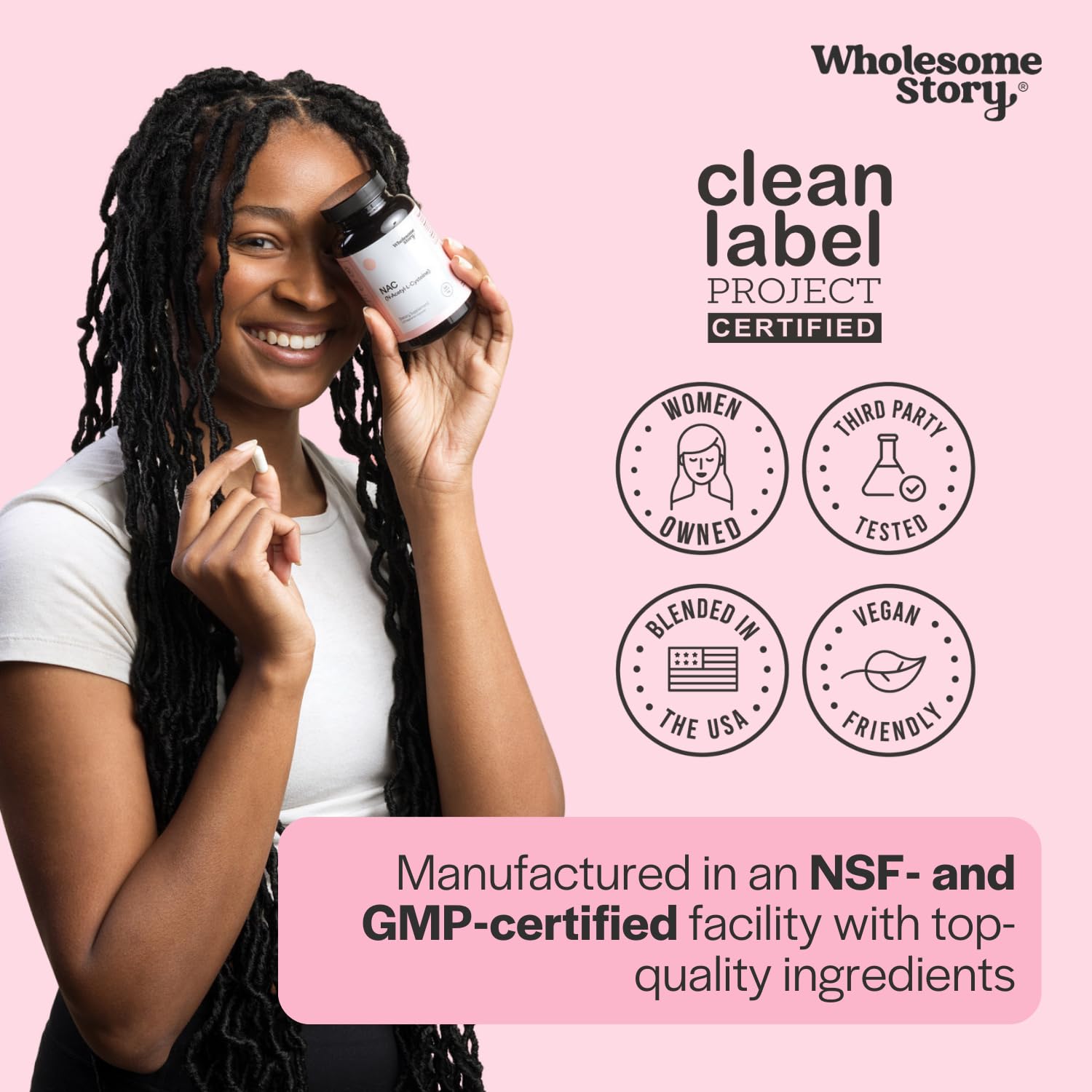 Wholesome Story NAC — étiquette nutritionnelle utile pour suivre le dosage.