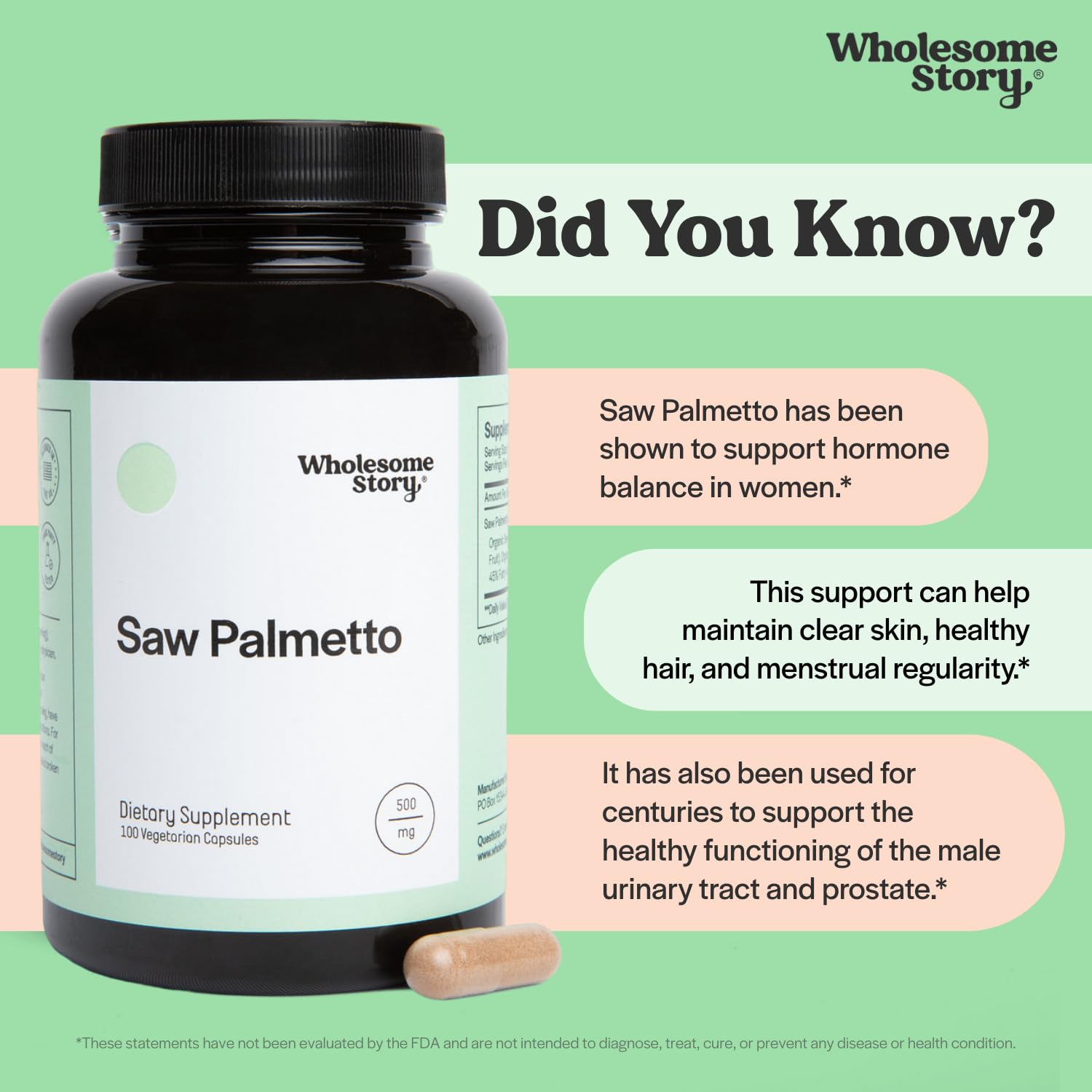 Wholesome Story Saw Palmetto, dosage recommandé, utilisation en complément alimentaire.