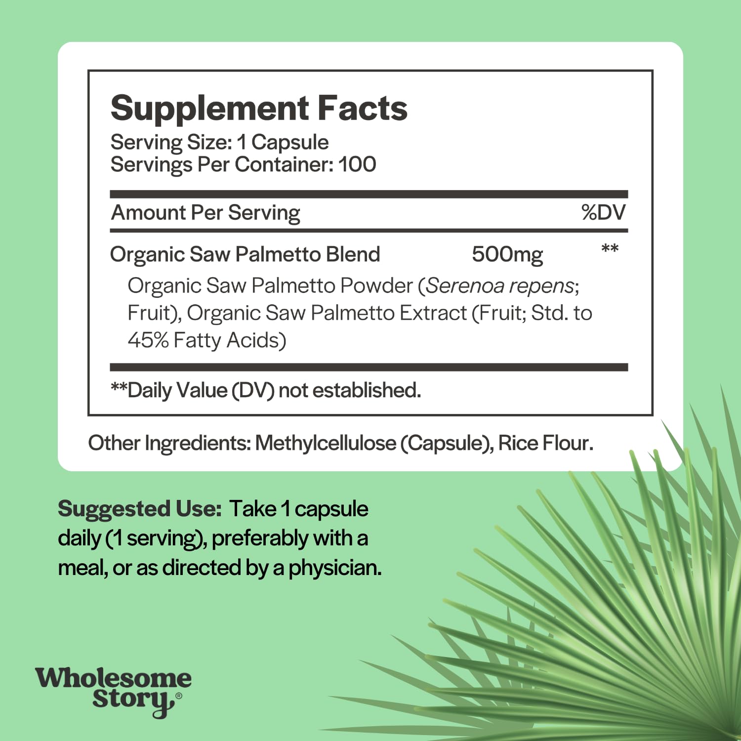 Wholesome Story Saw Palmetto, étiquette ingrédients, extrait naturel pour le quotidien.