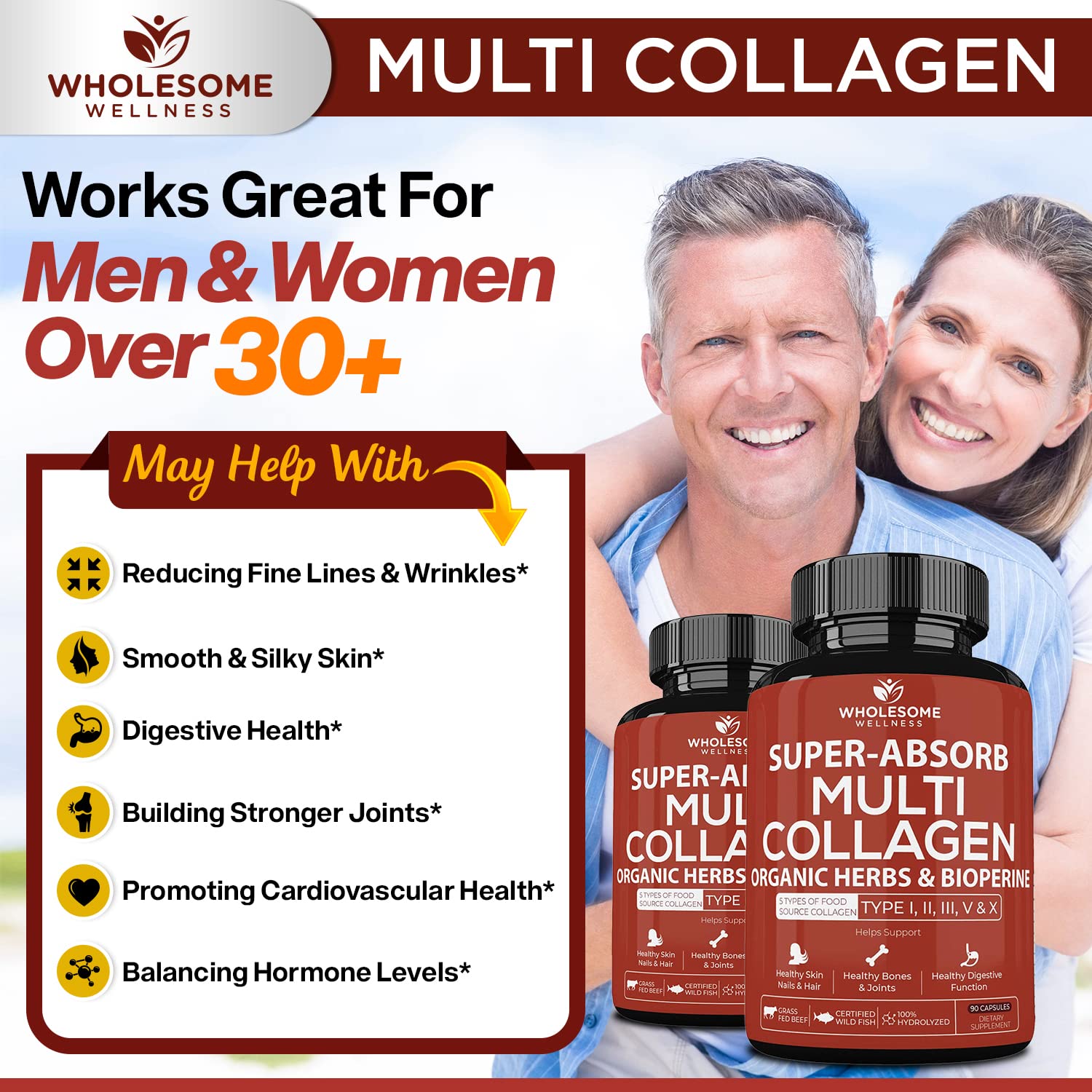 Wholesome Wellness, blend collagène cinq types, hydrolysats pour soutien global