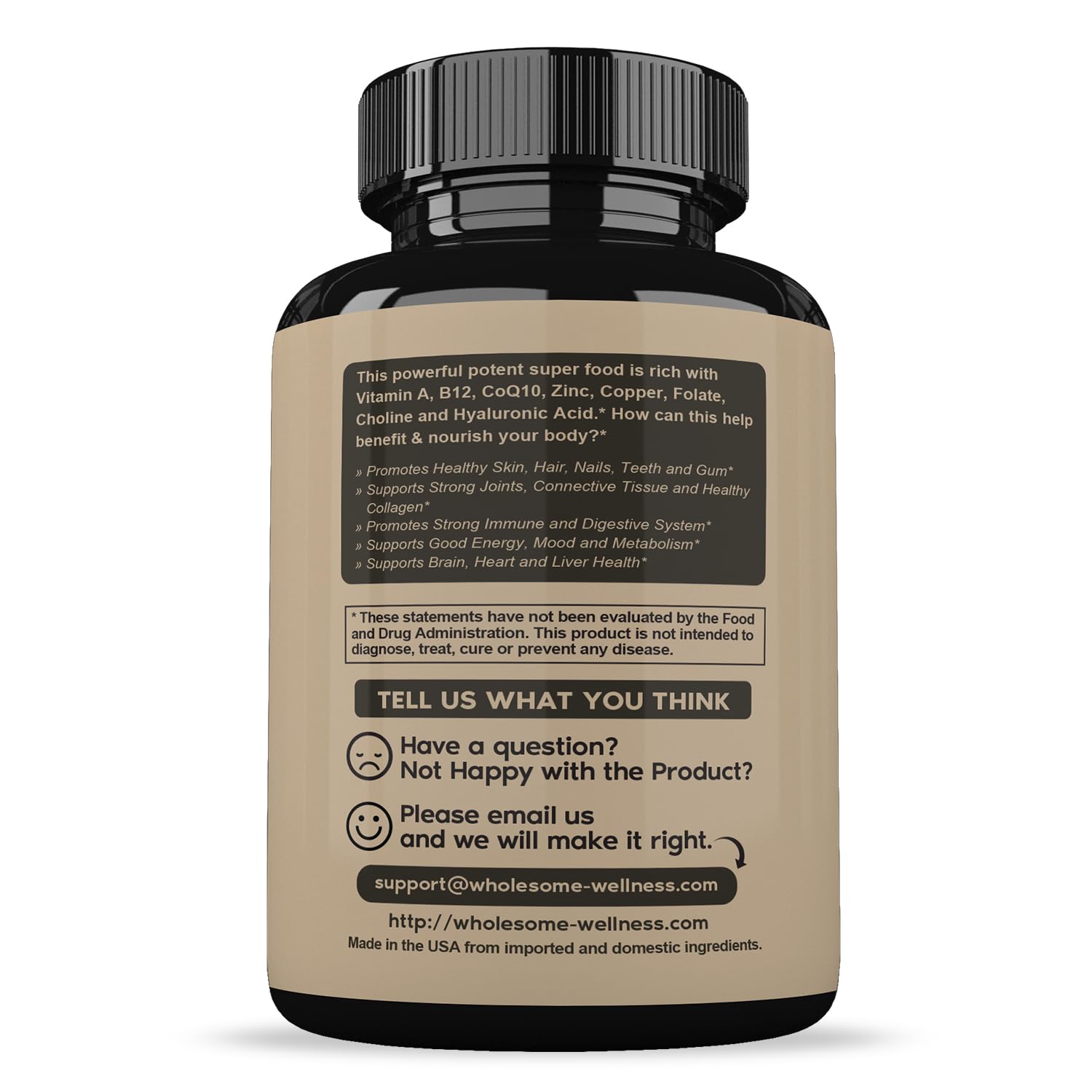 Wholesome Wellness – gros plan sur capsule et étiquette, fiabilité et transparence visibles.