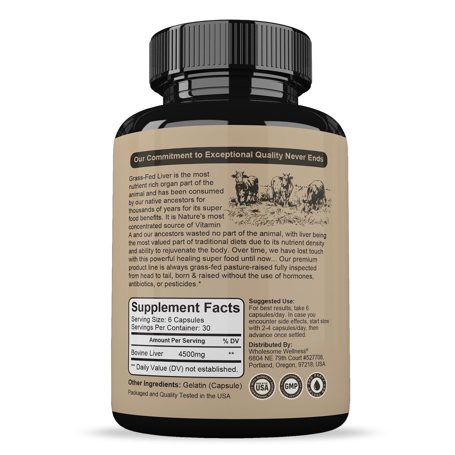Wholesome Wellness – gros plan sur les capsules, puissance nutritionnelle potentielle grâce au foie seché.