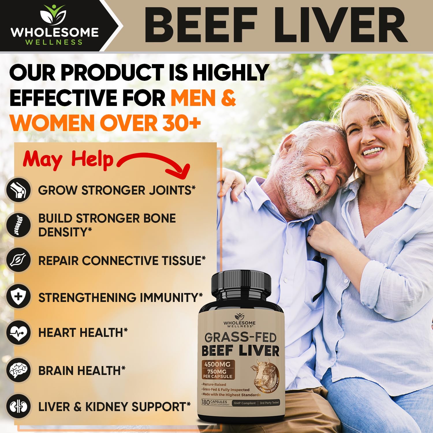 Wholesome Wellness – présentation d'emballage sans additifs, origine naturelle et transparente.