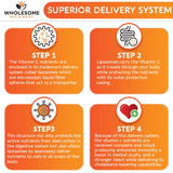 Wholesome Wellness Liposomal Vitamin C – bouchon et gélules, concentration liposomale élevée.