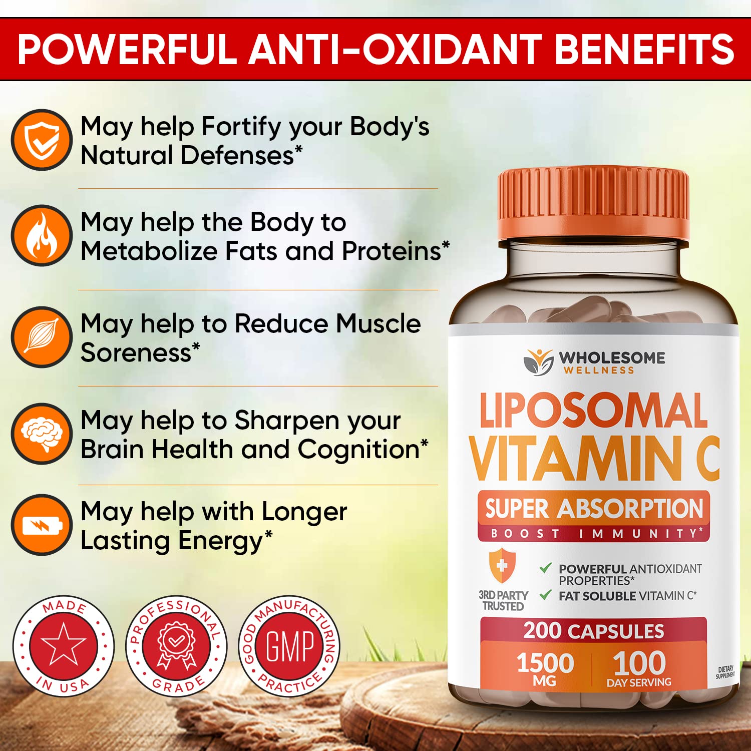 Wholesome Wellness Liposomal Vitamin C – emballage recyclable, approche saine et naturelle.