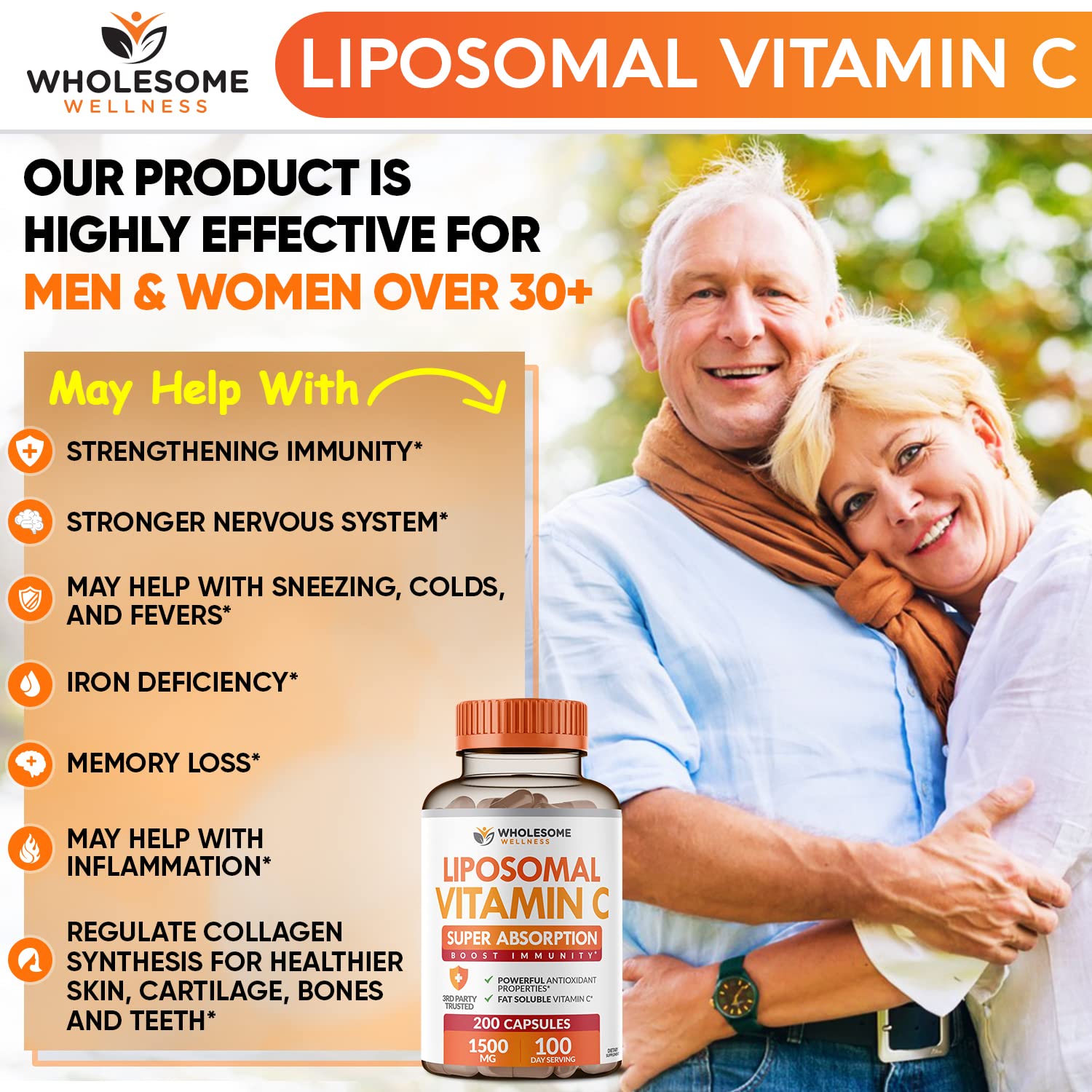 Wholesome Wellness Liposomal Vitamin C – étiquette claire et formule naturelle végan.