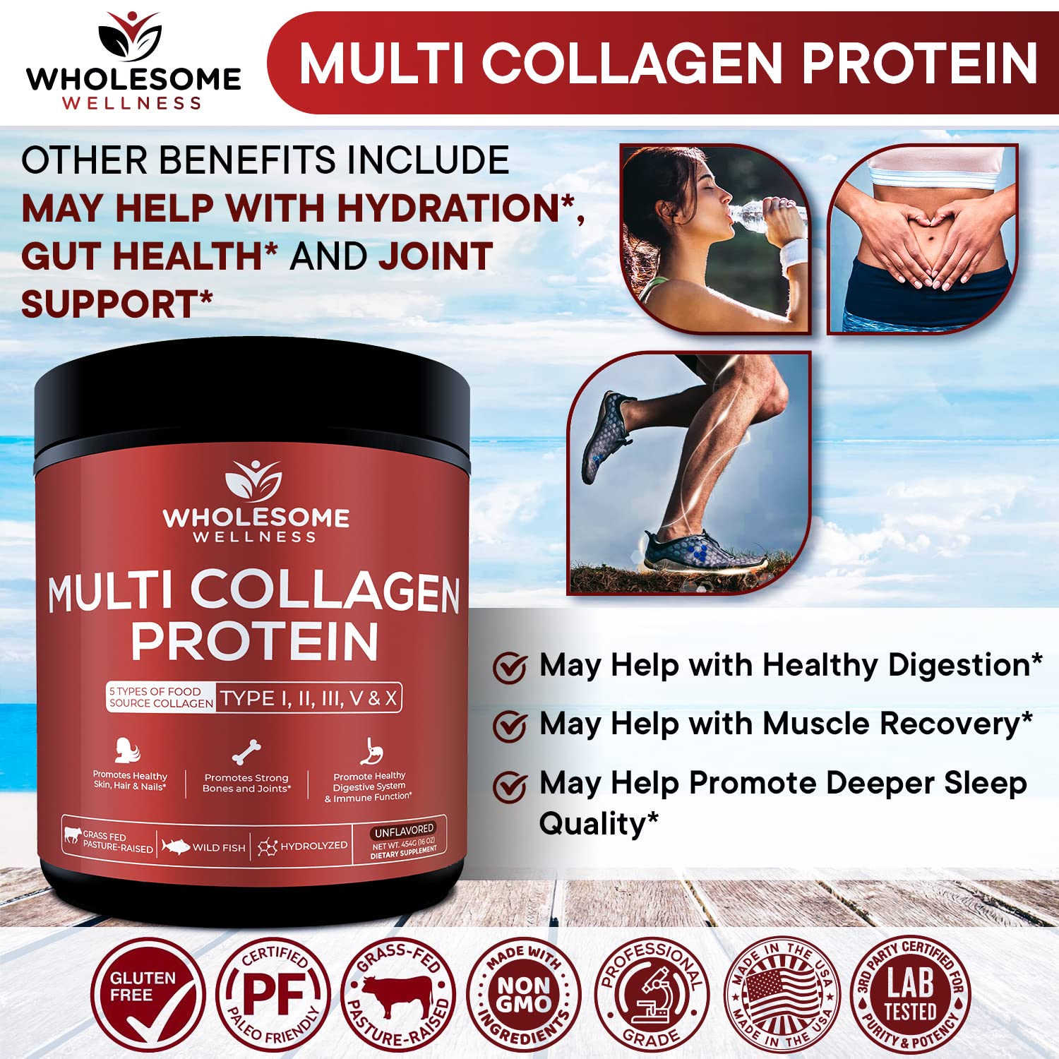 Wholesome Wellness Origine poisson sauvage certifie, collagene de haute qualite.