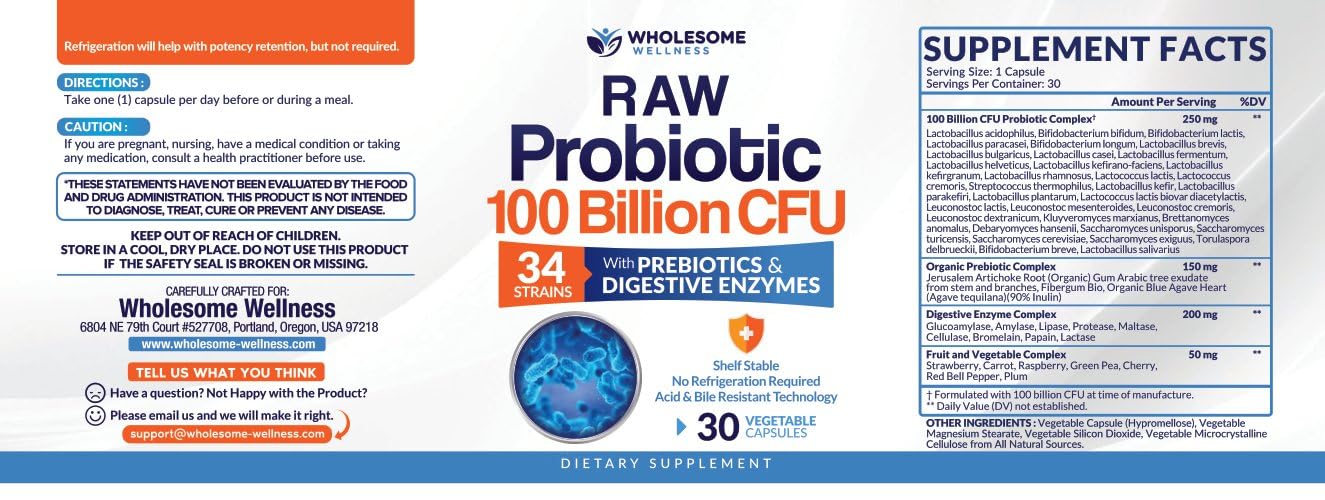 Wholesome Wellness Probiotiques – Capsule: 34 souches pour une routine quotidienne.