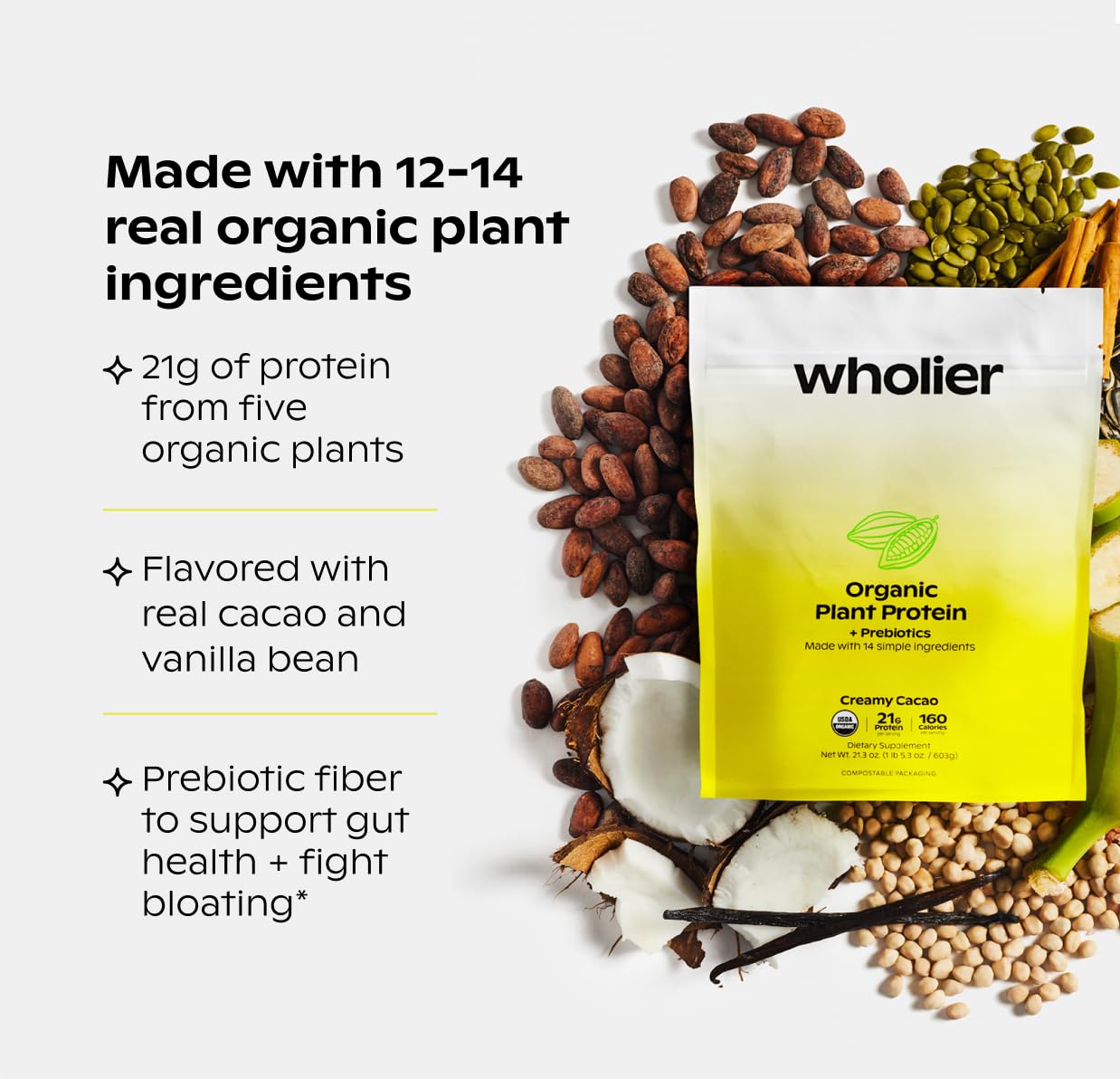 Wholier Protéine végétale ingrédients réels: vue des composants naturels pour un shake nourrissant.