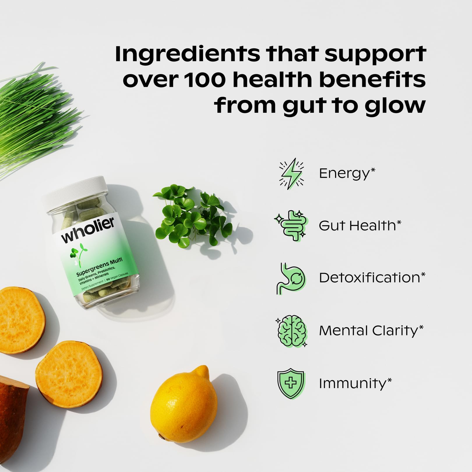 Wholier Supergreens Multi, bouteille ouverte, routine nutritionnelle rapide.