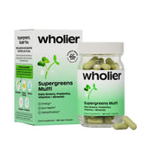 Wholier Supergreens Multi dans une bouteille en verre, soutien nutritionnel quotidien.