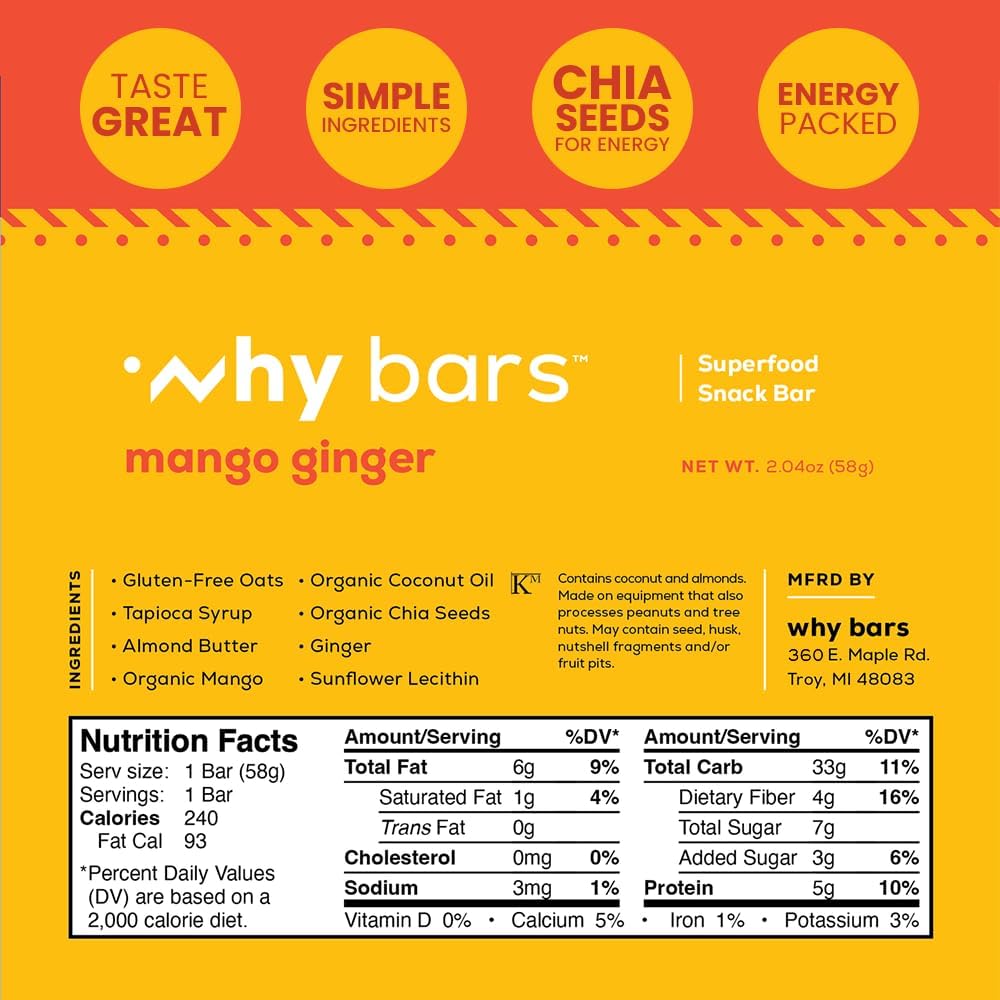 Barre Why Bars avec graines de chia visibles, collation équilibrée.
