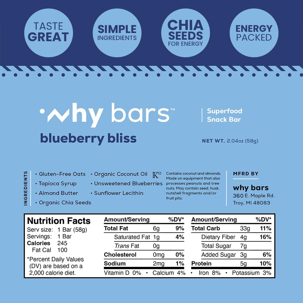 Ingrédients simples à base de plantes Why Bars avec chia pour les fibres.