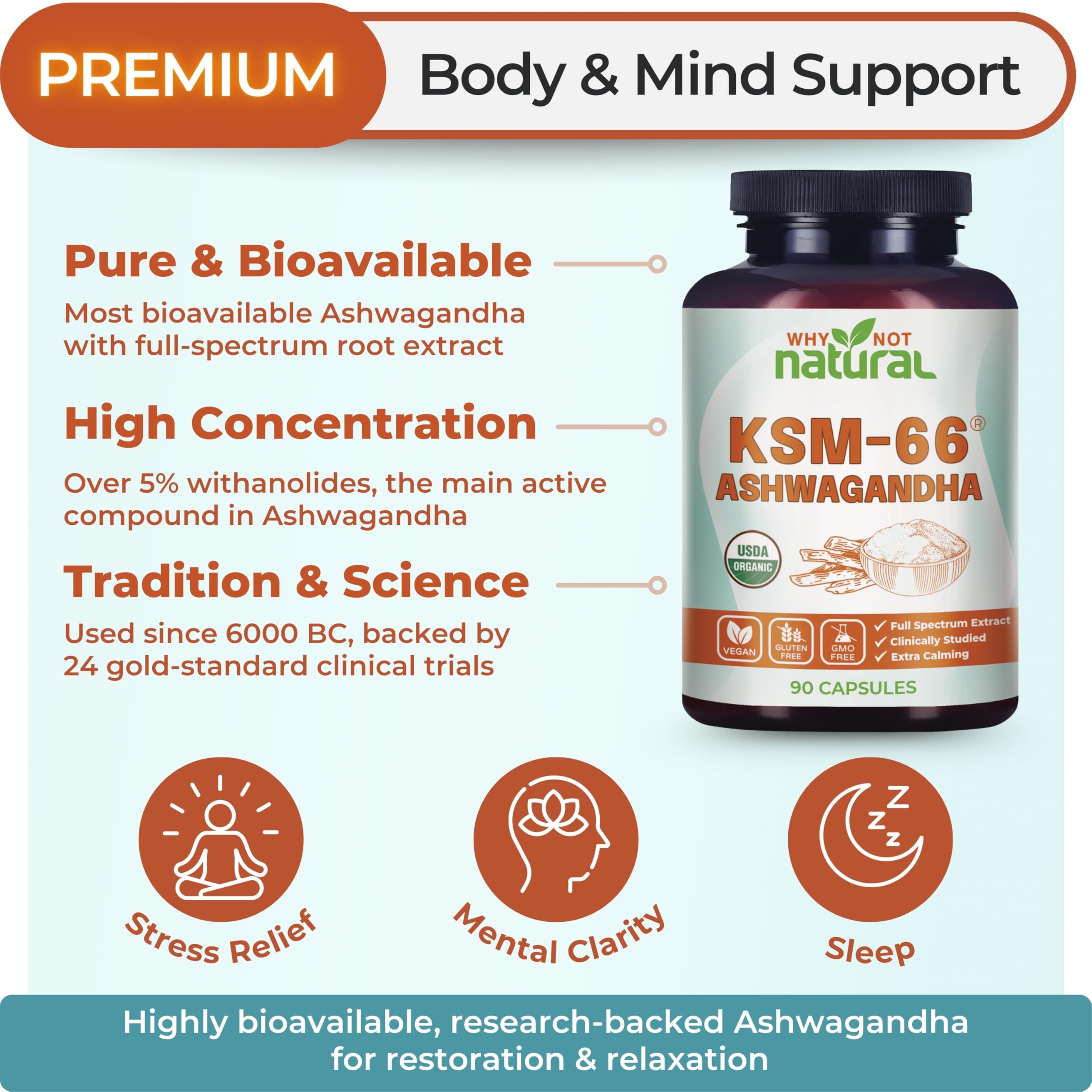 Capsules Why Not Natural Ashwagandha KSM66 dans le flacon, soutien possible au bien-être.