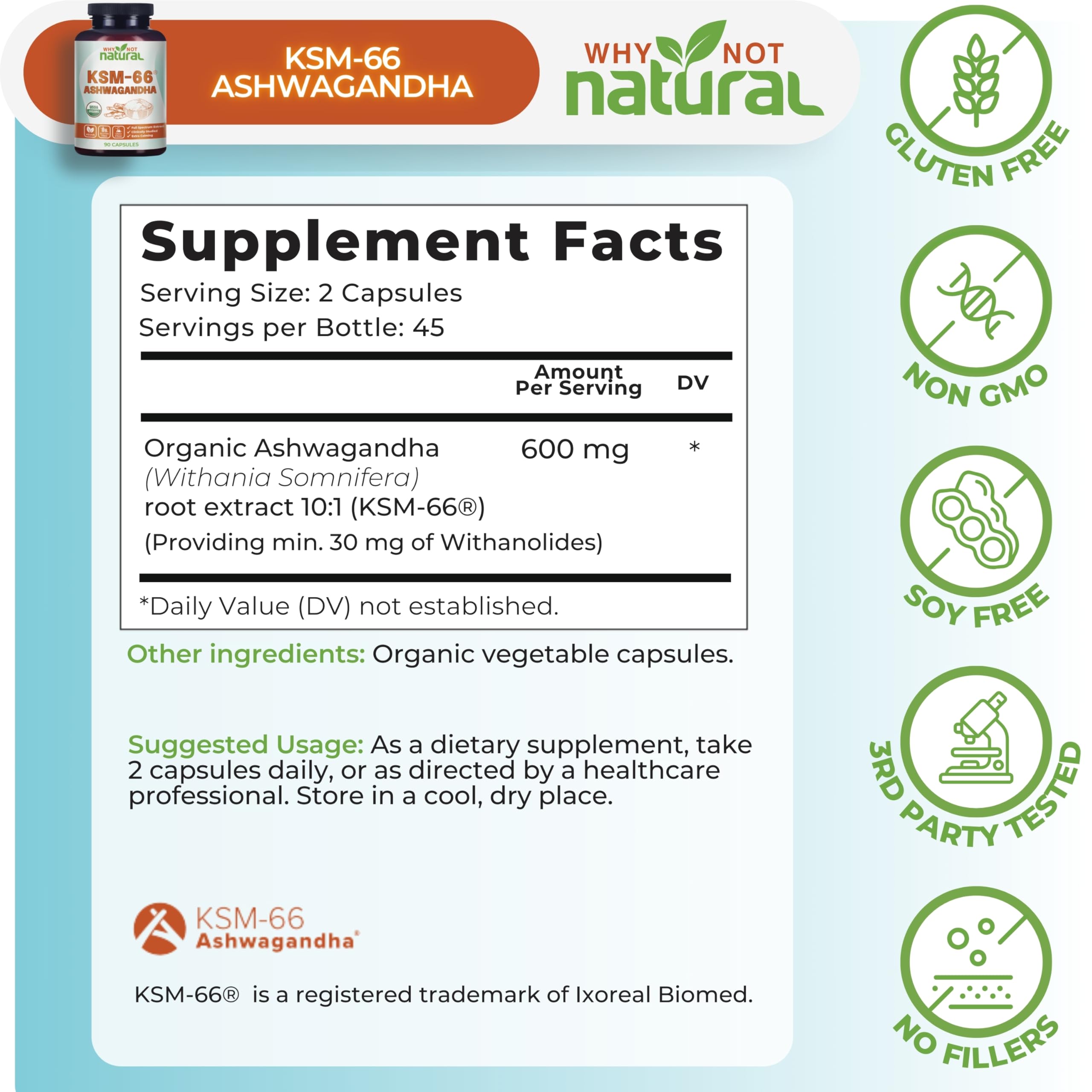 Étiquette du produit Why Not Natural Ashwagandha KSM66 affichant concentration élevée.