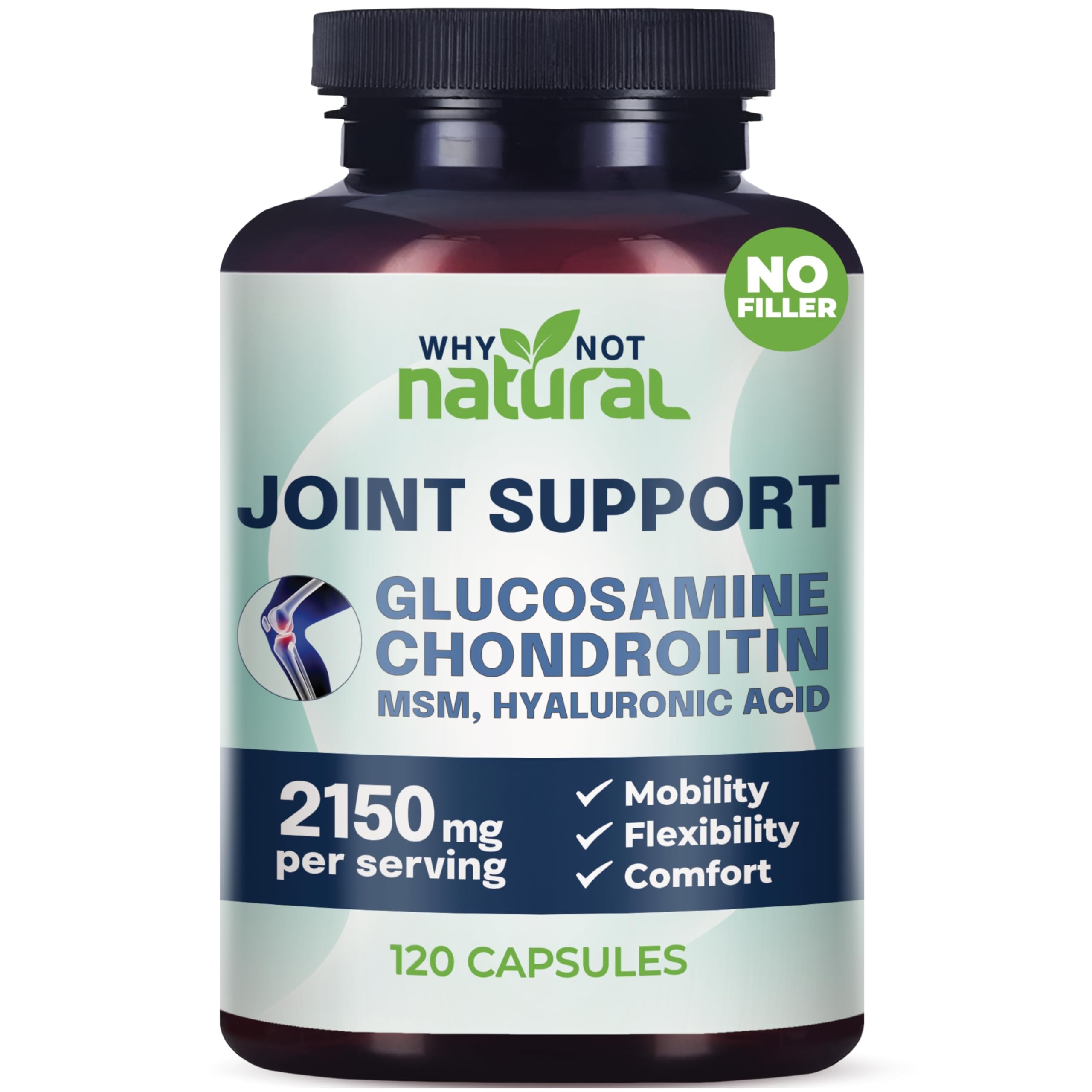 Why Not Natural: bouteille montrant glucosamine-chondroïtine-msm pour les articulations.