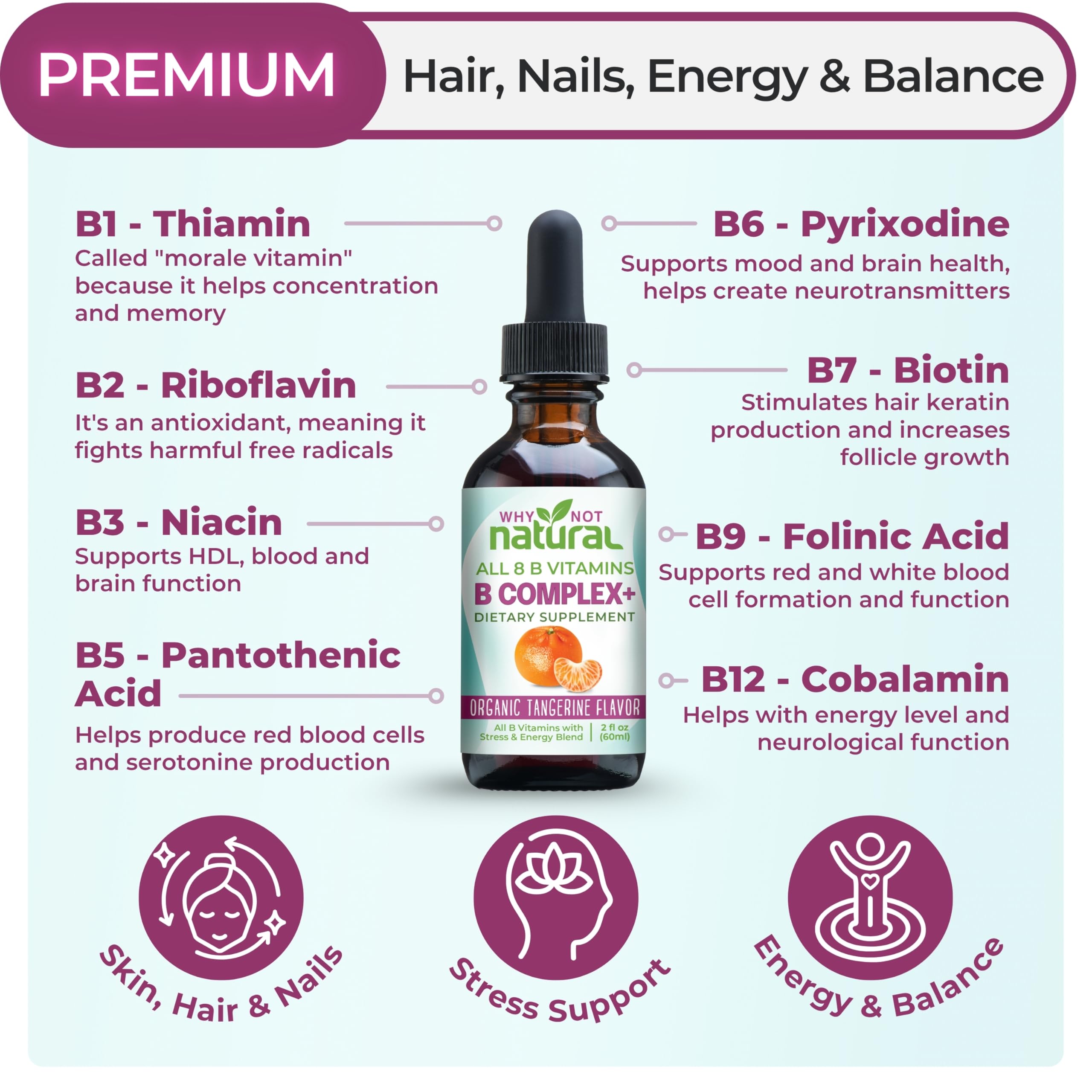 Why Not Natural Gouttes B-Complexe avec pipette pour dosage facile.