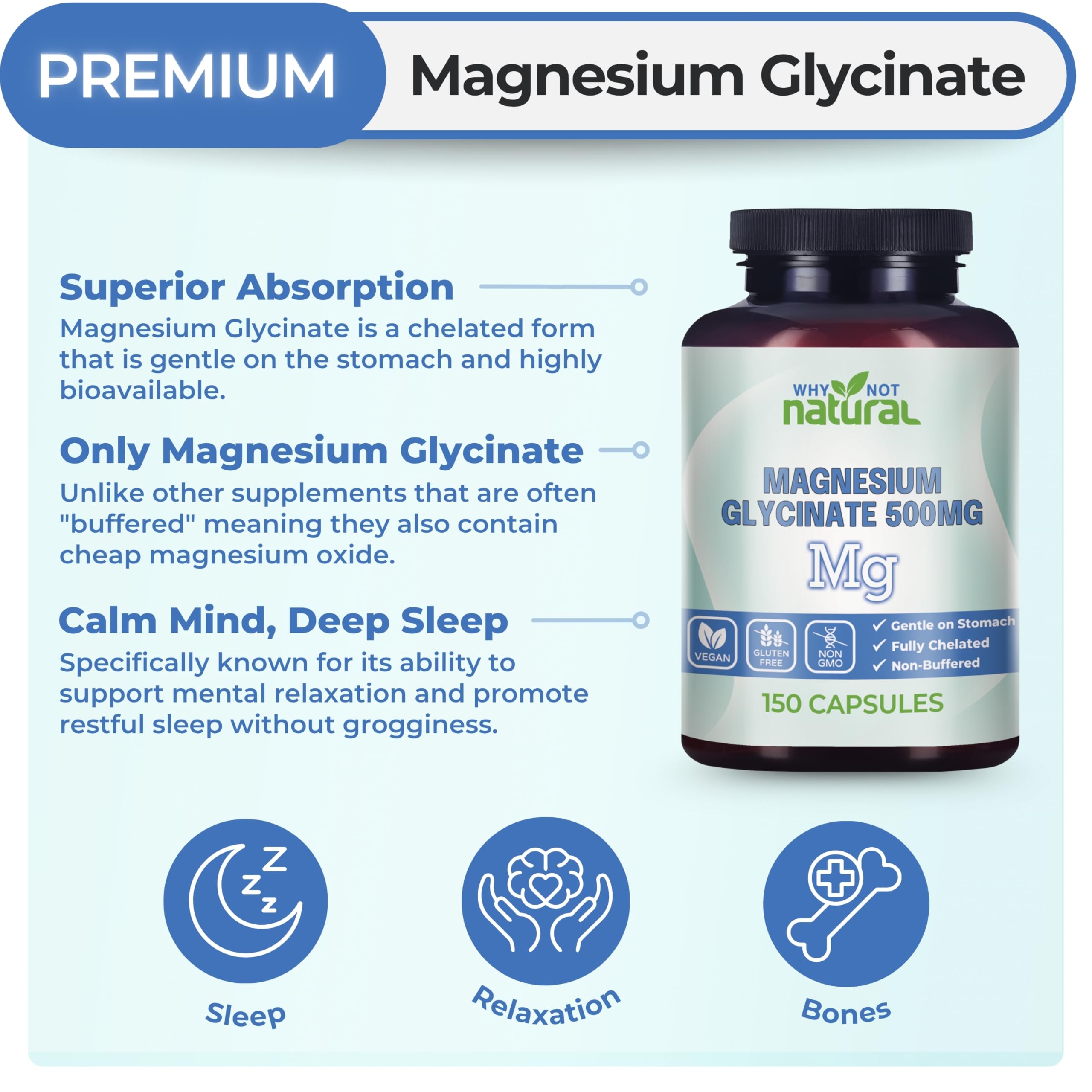 Capsules véganes Why Not Natural Magnésium Glycinate, sans remplissages, confort digestif.
