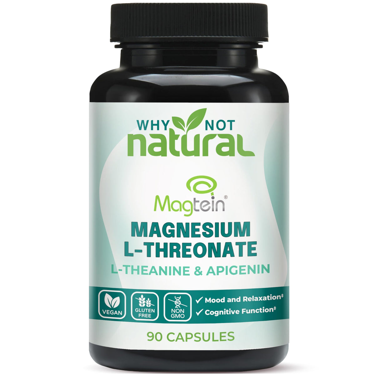 Why Not Natural Magtein, capsules près d'un verre, soutien potentiel mémoire et apprentissage.