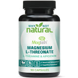 Why Not Natural Magtein, capsules près d'un verre, soutien potentiel mémoire et apprentissage.