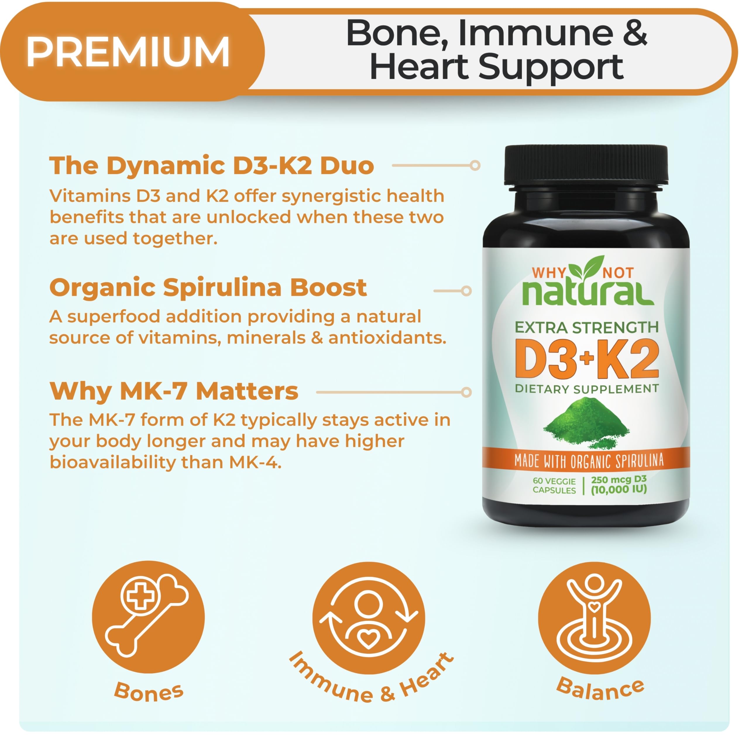 Why Not Natural vitamine D3-K2 Spiruline - capsules: prise facile dans une routine quotidienne.