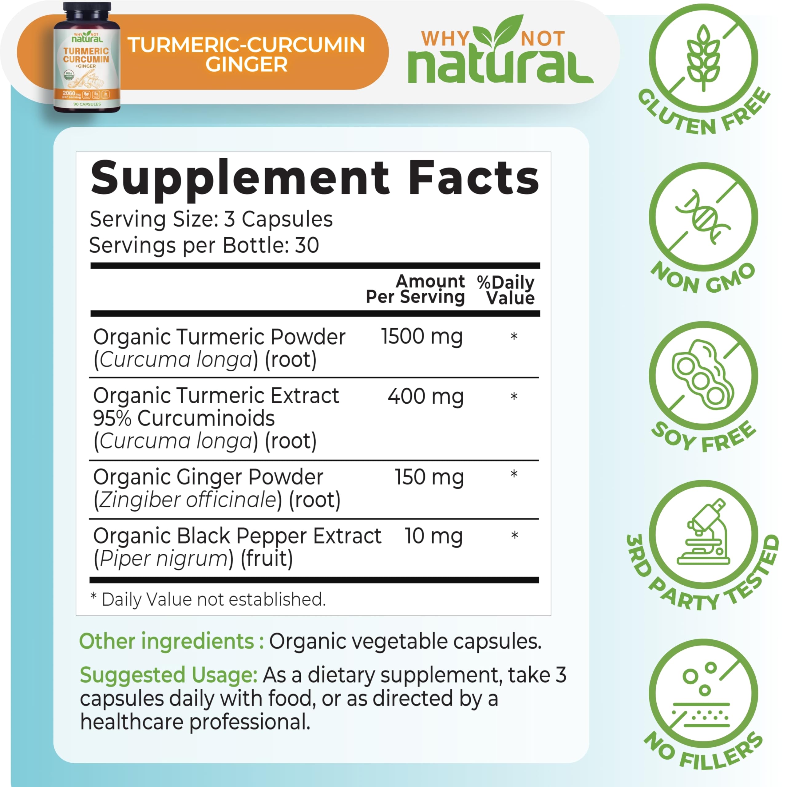 Why Not Natural Curcuma extrait curcuminoïdes 95 et piperine pour absorption améliorée.