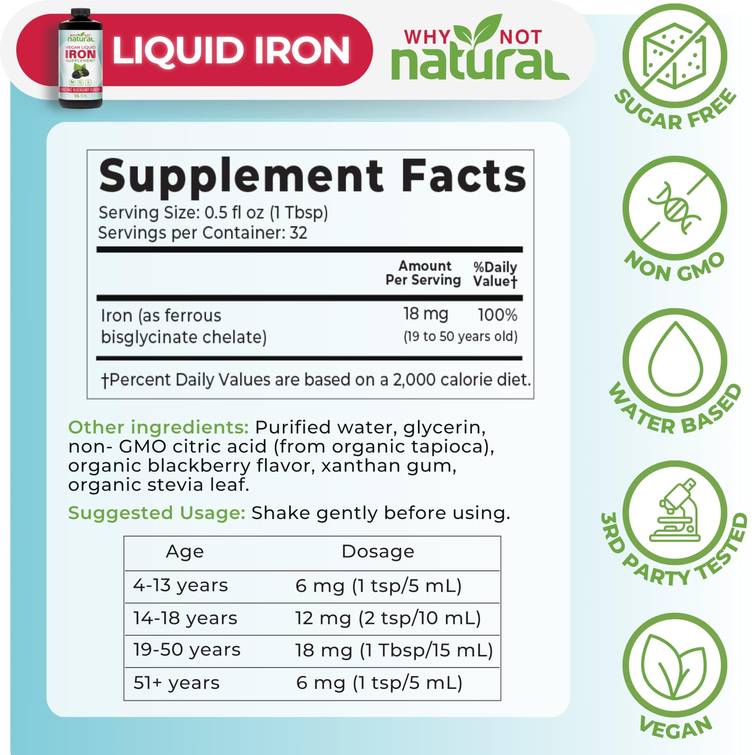 Whynotnatural fer liquide fabriqué aux États-Unis dans une installation GMP