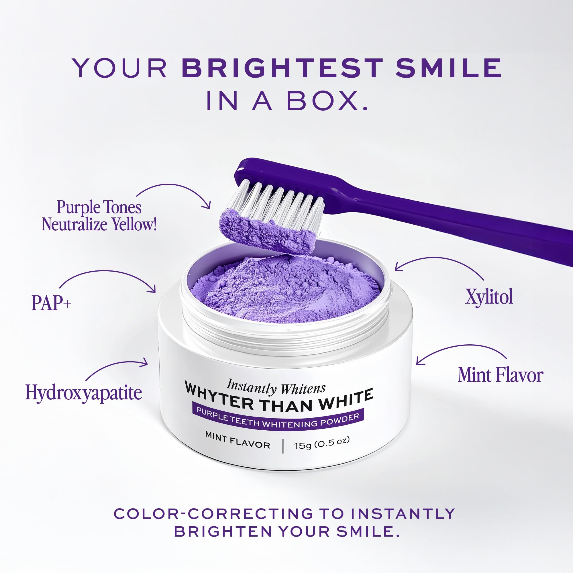 Application avec brosse et poudre WHYTE pour une routine blancheur régulière.
