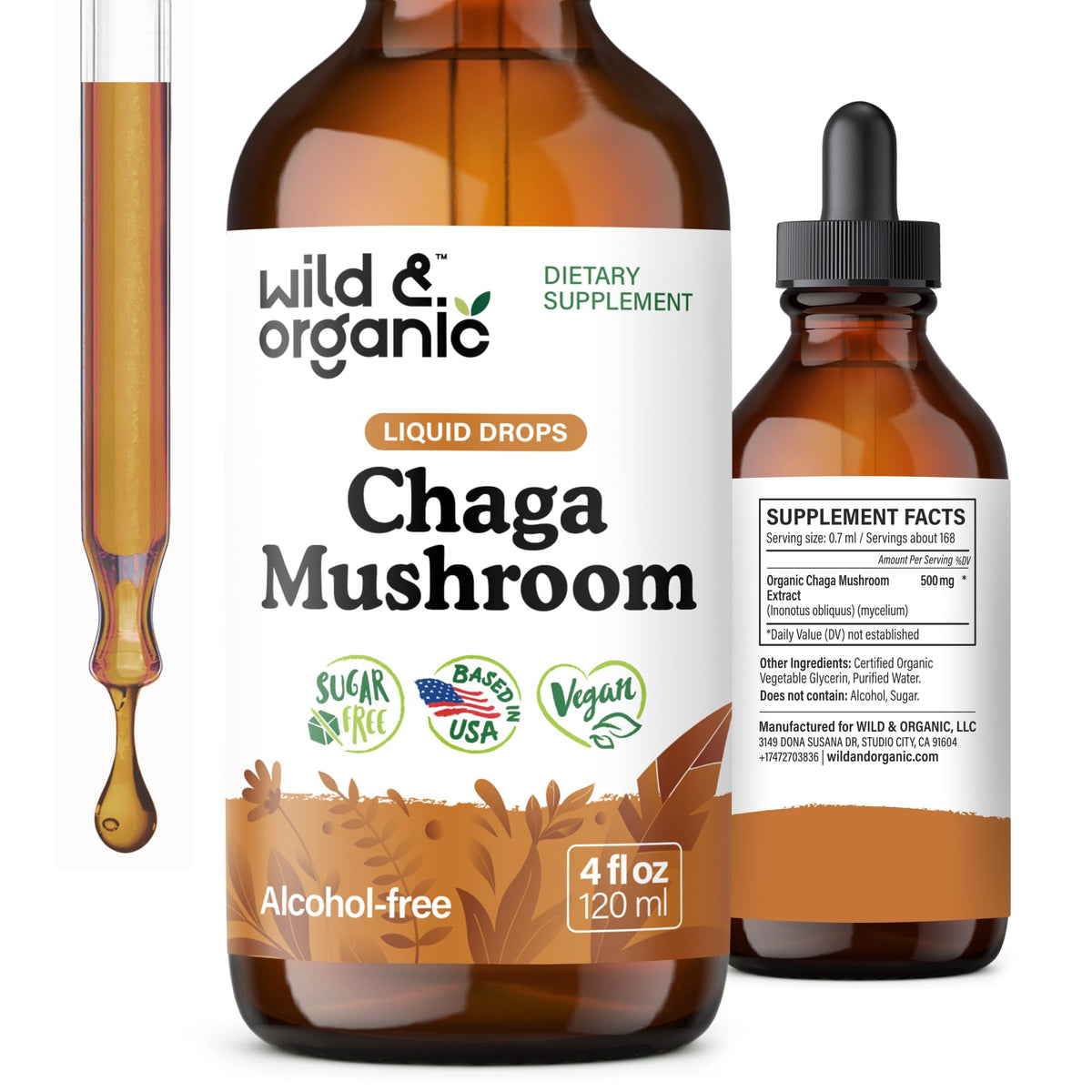 Wild & Organic Chaga Drops bouteille montrant le flacon et sa contenance, soutien immunitaire potentiel.
