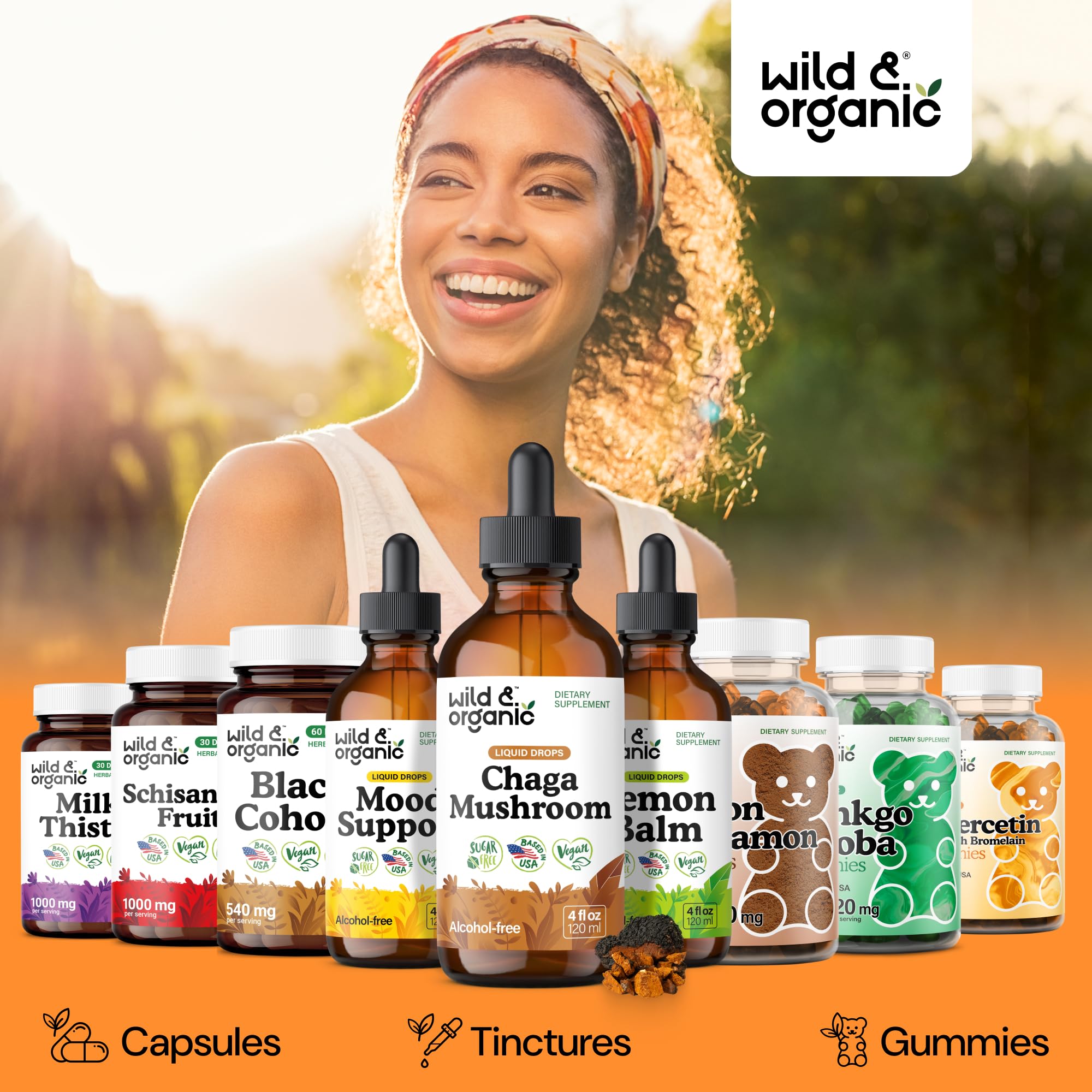 Formulation sans alcool de Wild & Organic Chaga Drops avec glycérine végétale.