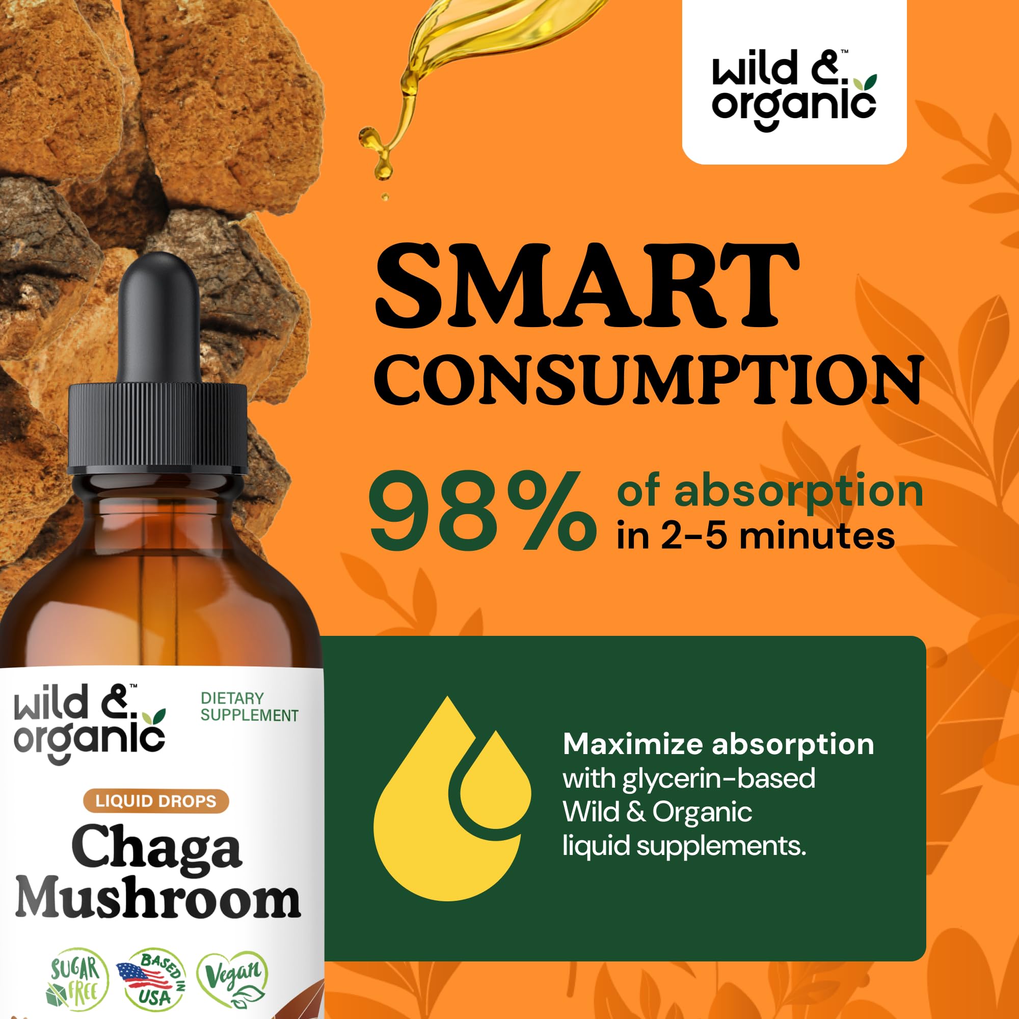 Ingrédients vegan de Wild & Organic Chaga Drops, sans OGM et sans additifs artificiels.