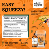 Étiquette claire de Wild & Organic Chaga Drops affichant les ingrédients vegan.