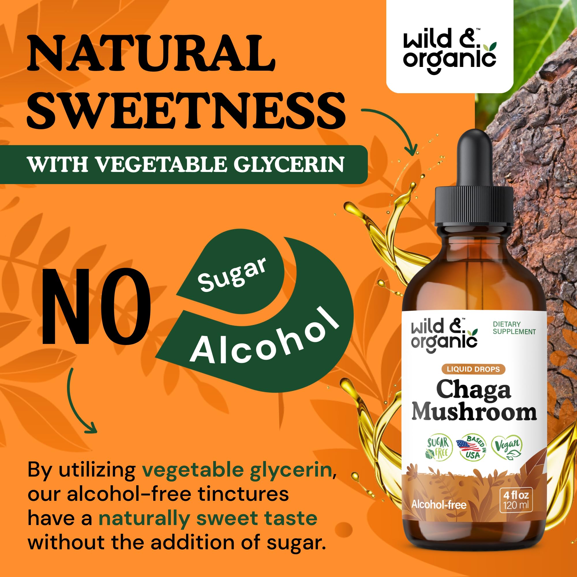 Goût naturellement doux de Wild & Organic Chaga Drops sans sucre ajouté.