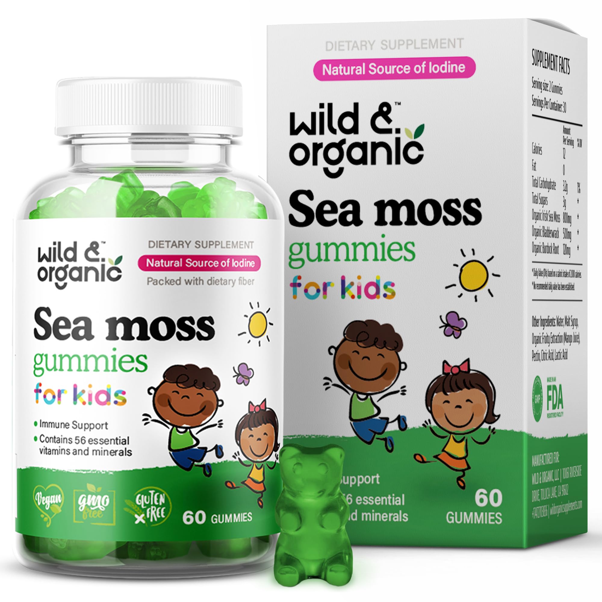 Wild & Organic gommes algue mousse irlandaise pour enfants, goût mangue, texture douce et pratique.