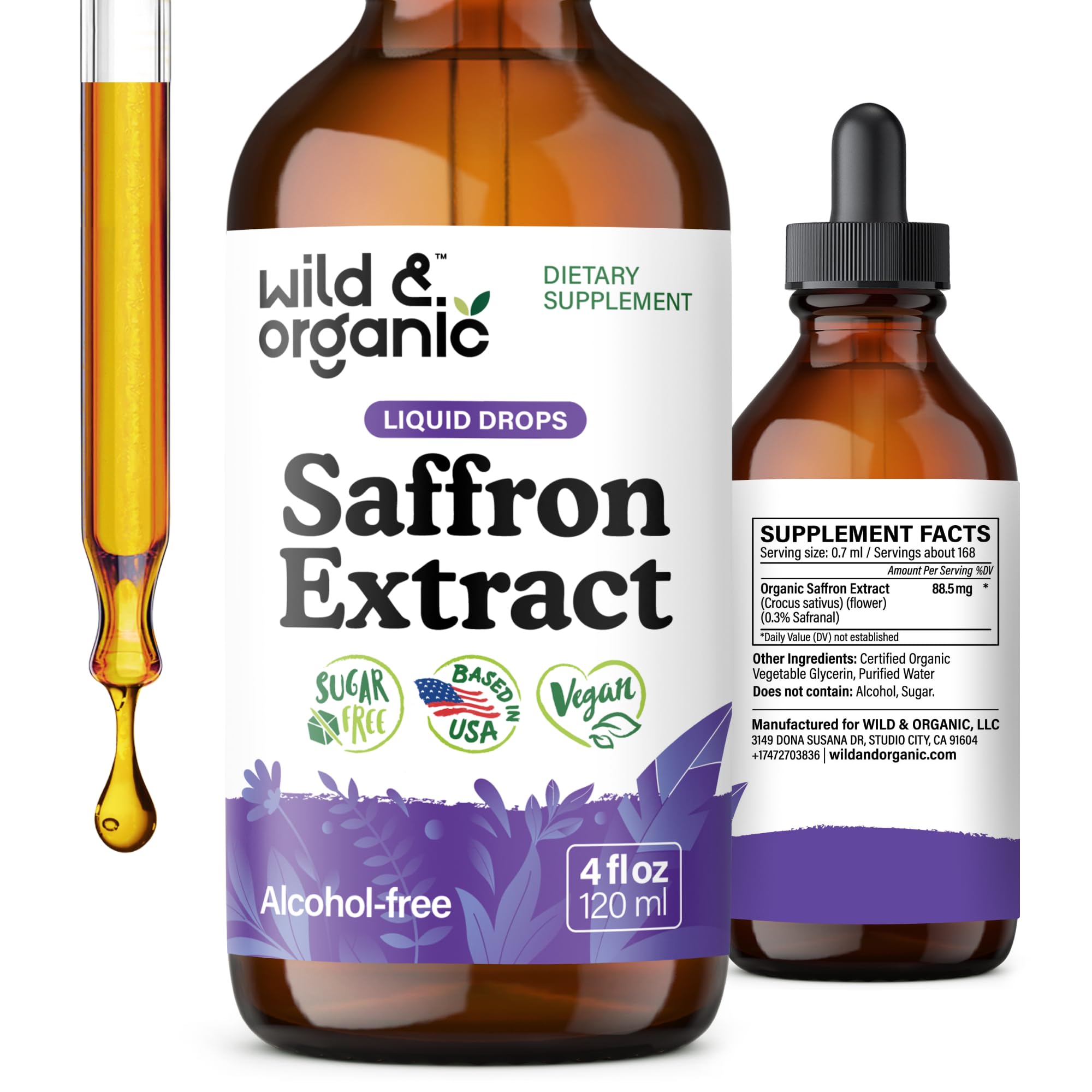 Wild & Organic gouttes de safran dans une bouteille prête à l’emploi pour usage quotidien.