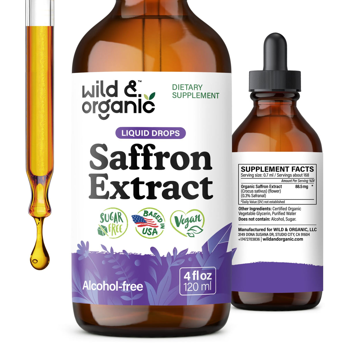 Wild & Organic gouttes de safran dans une bouteille prête à l’emploi pour usage quotidien.