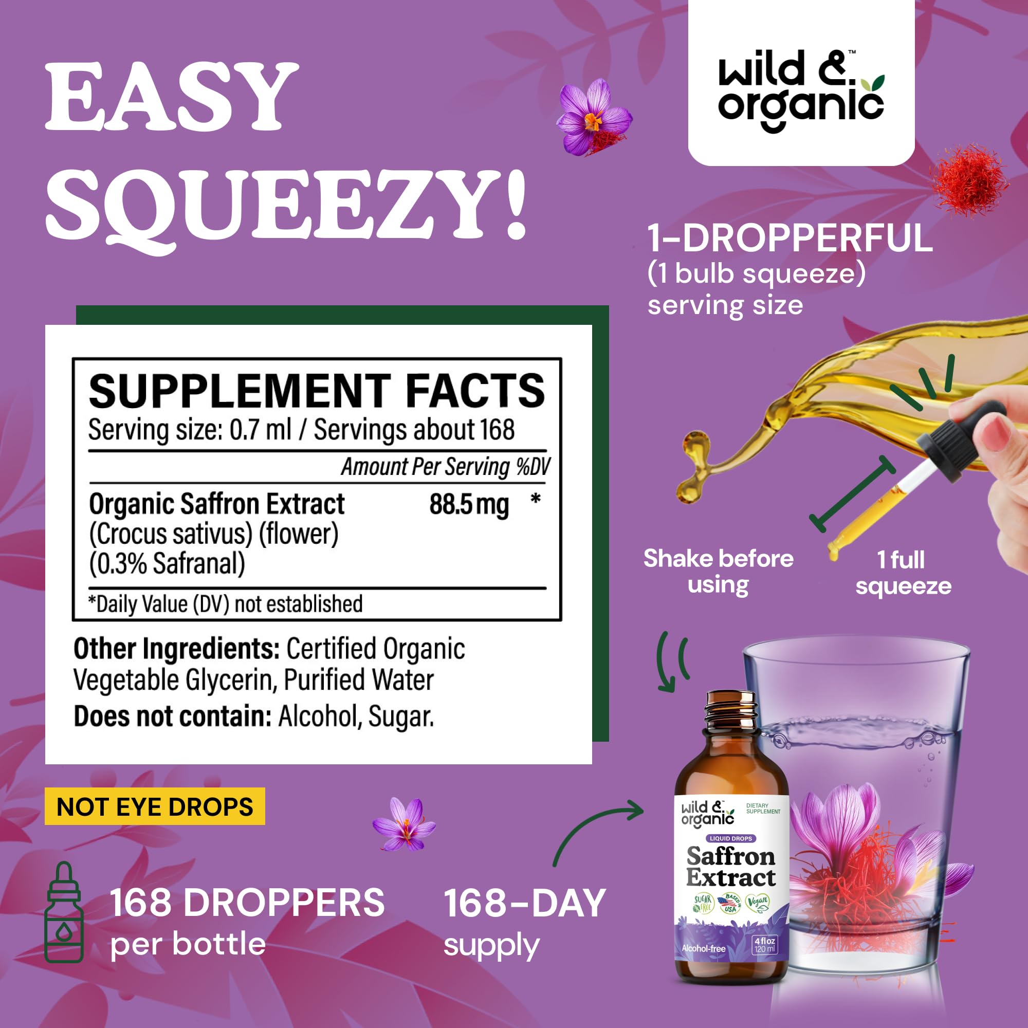 Étiquette Wild & Organic sur bouteille indiquant ingrédients vegan et absence d’alcool.
