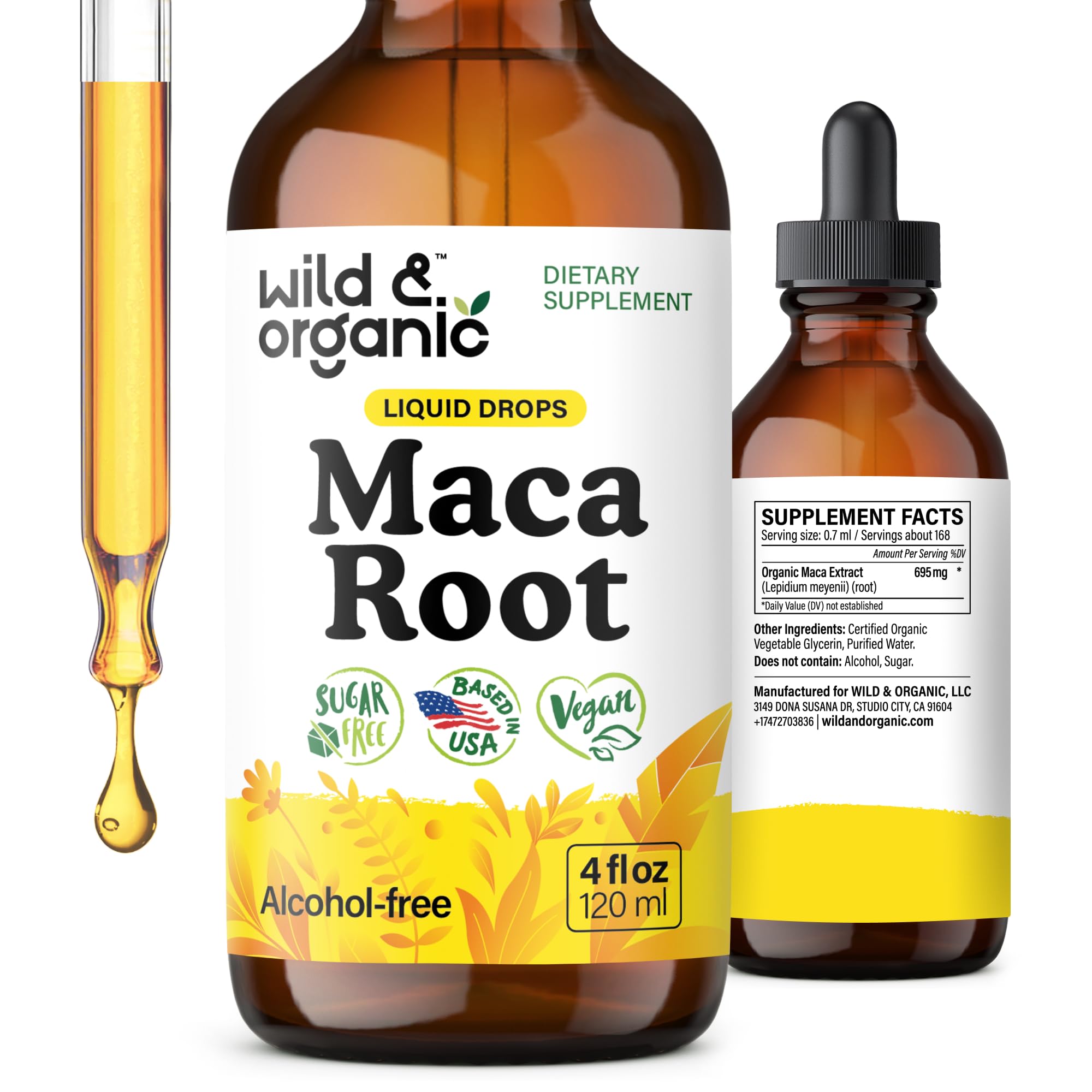 Wild & Organic Maca: bouteille de gouttes prête à l’emploi.