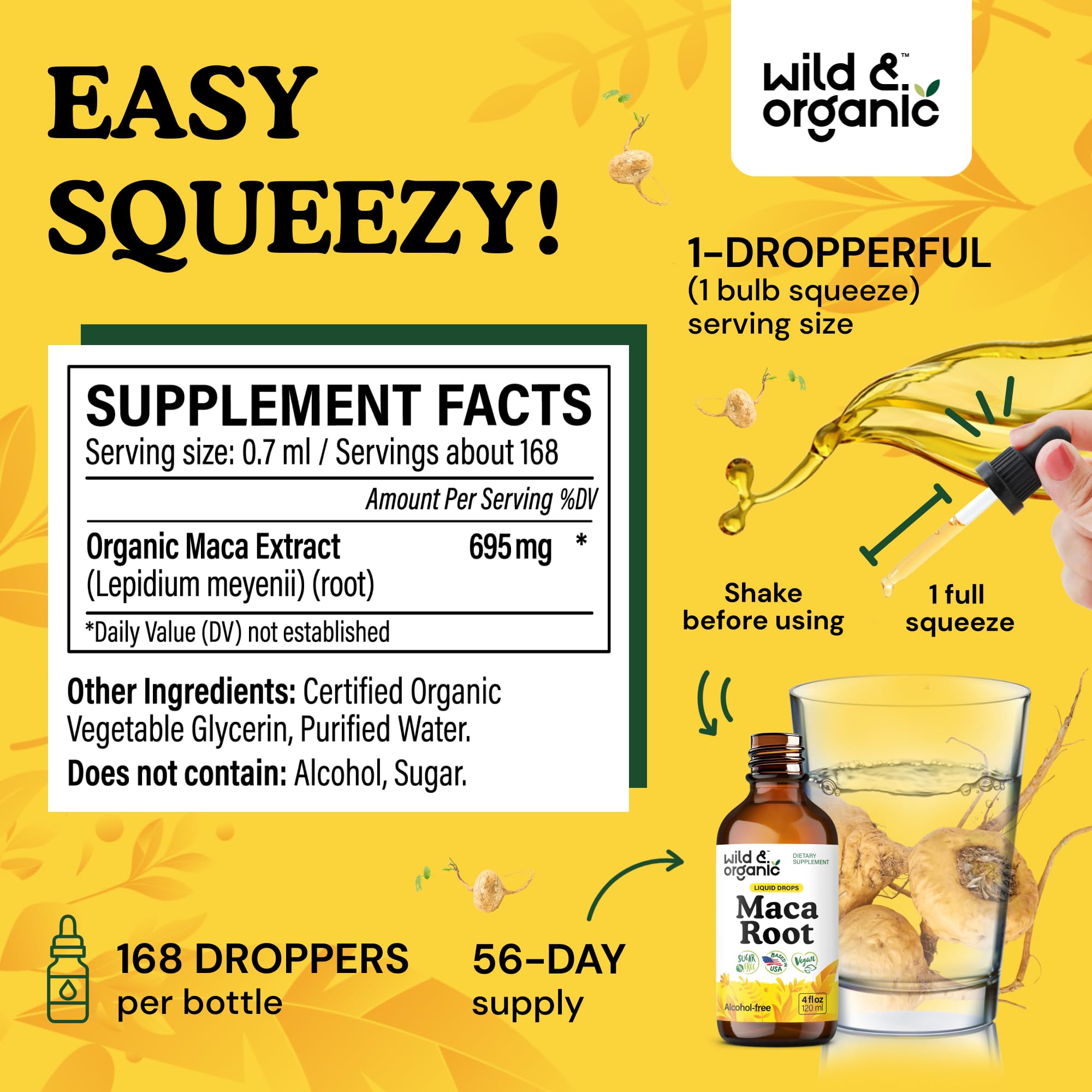 Wild & Organic Maca: gouttes sans alcool pour une digestion douce.