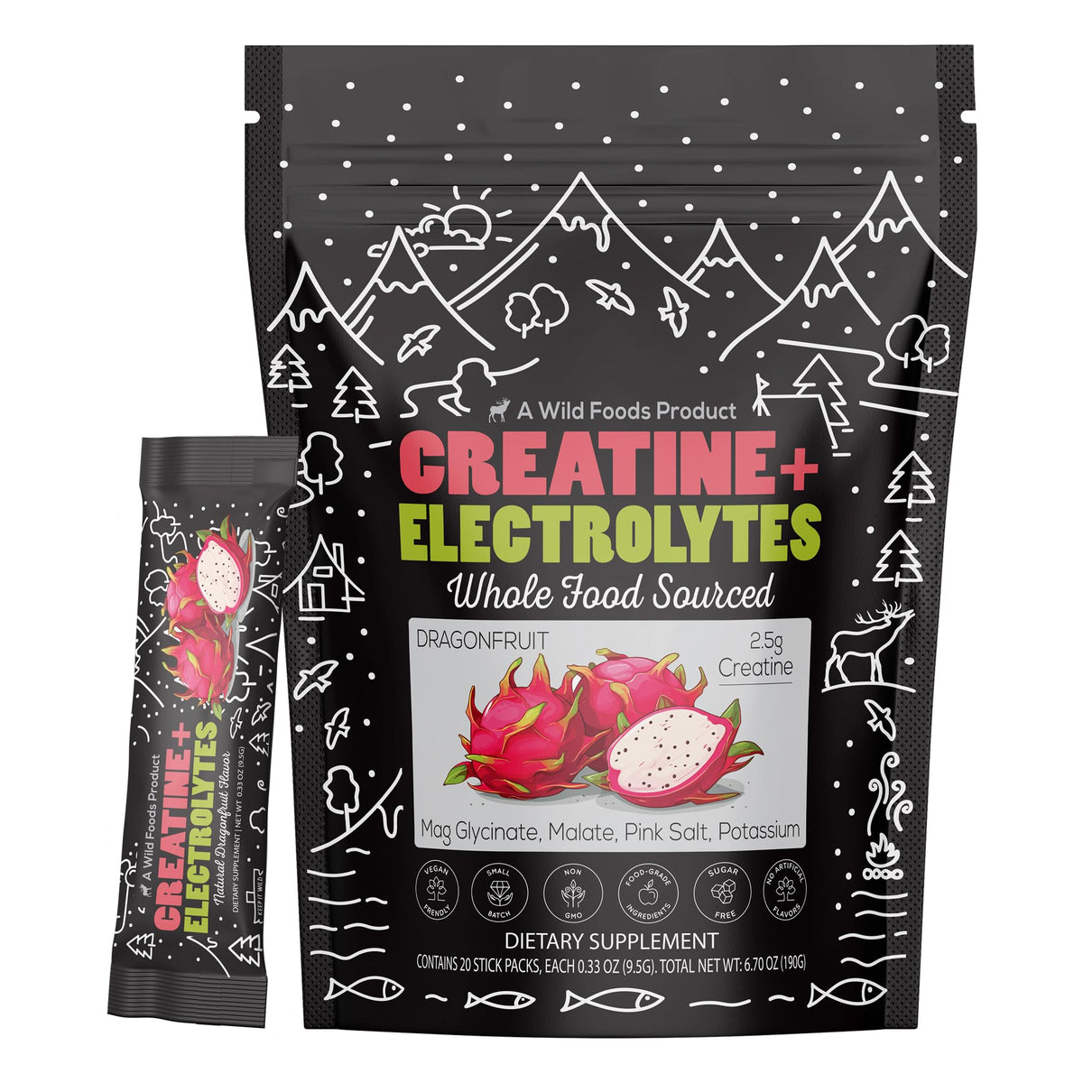 Wild Foods Creatine & Electrolytes, sachet dragonfruit prêt à dissoudre avant l’effort