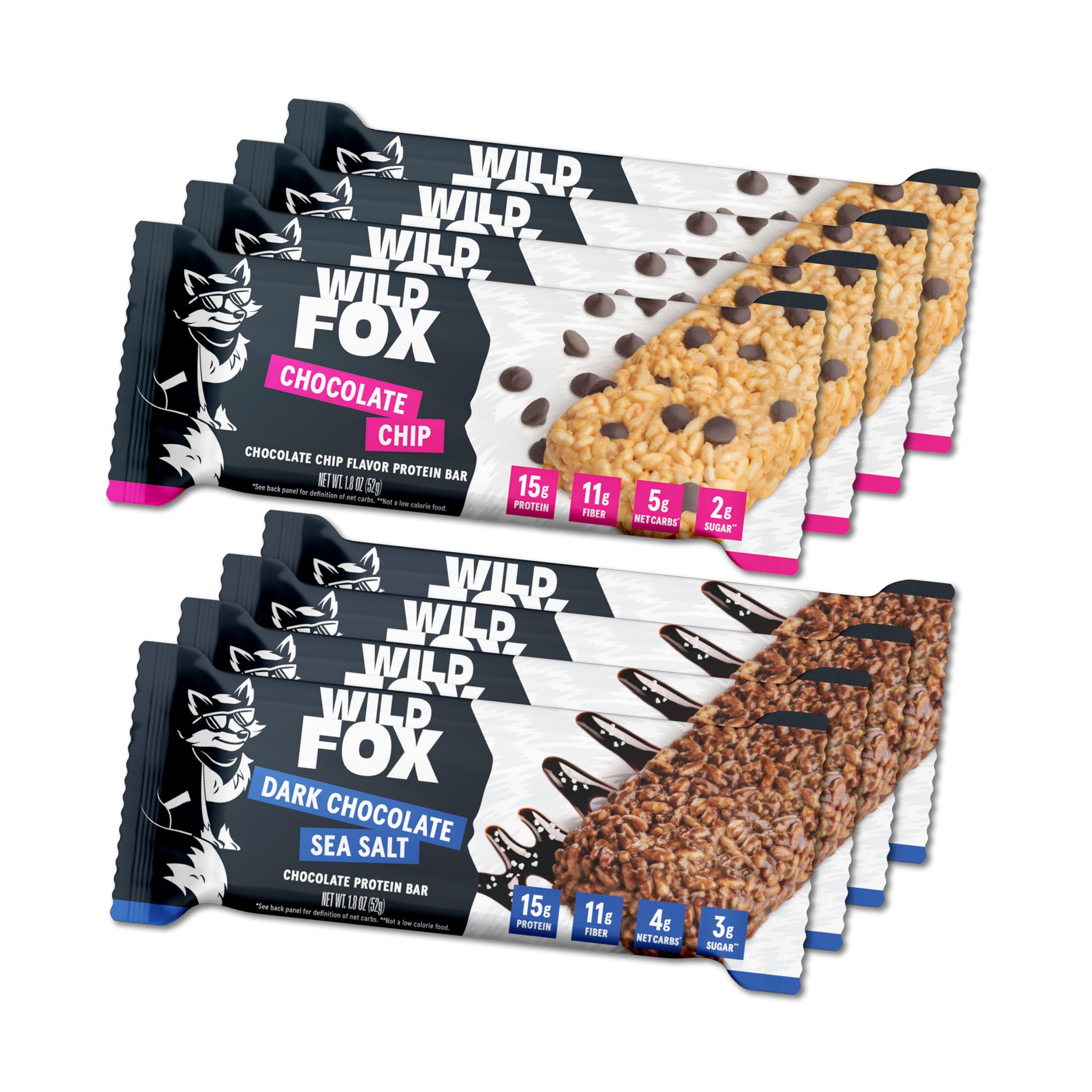 Barre protéinée Wild Fox au chocolat, variété pack et goût intense.