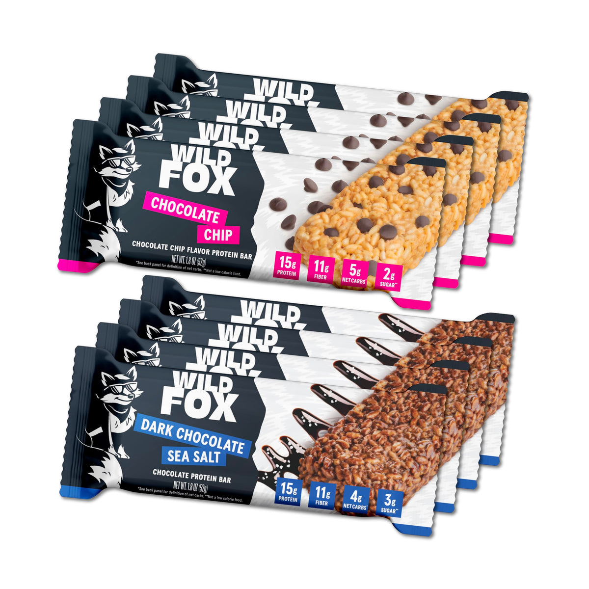 Barre protéinée Wild Fox au chocolat, variété pack et goût intense.