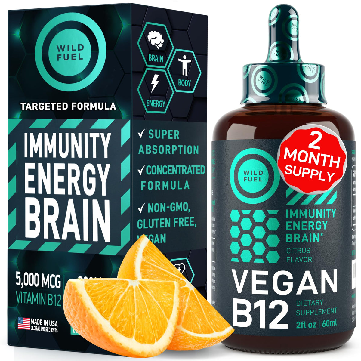 Wild Fuel B12 : bouteille 60 ml citron, apport quotidien pratique.