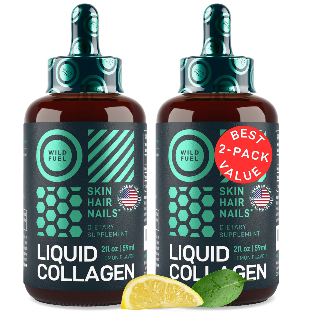Wild Fuel gouttes de collagène citron, scène flacon pour peau éclatante et hydratée.